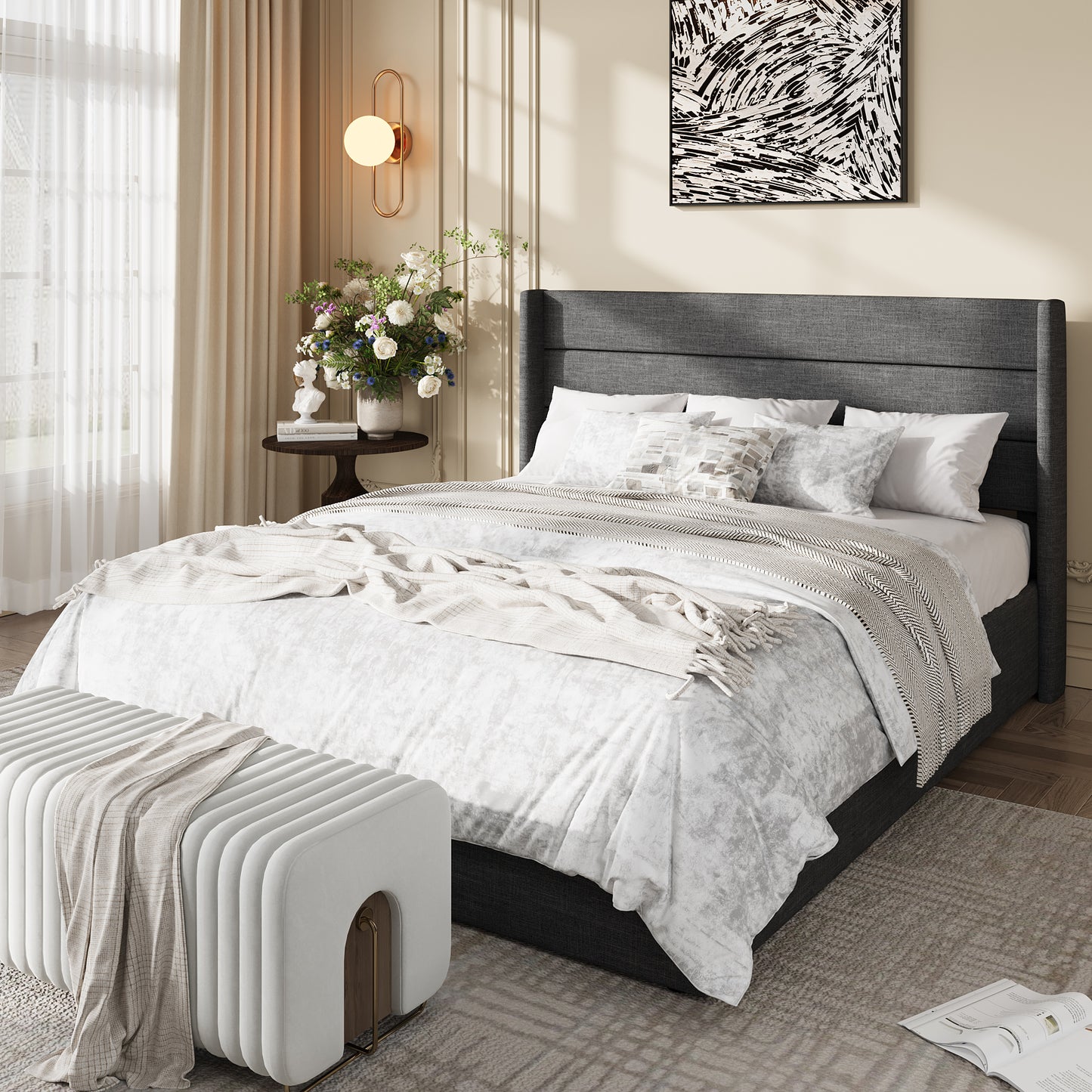 Amolife Lift Up Storage Bed Frame, Three-Panel Wingback Headboard, Ample Storage Space, No Box Spring Needed
