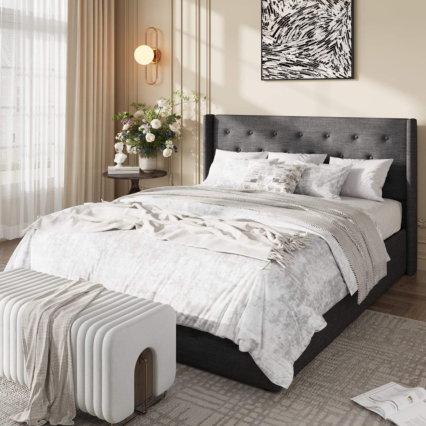 Amolife Lift Up Storage Bed Frame, Three-Panel Wingback Headboard, Ample Storage Space, No Box Spring Needed