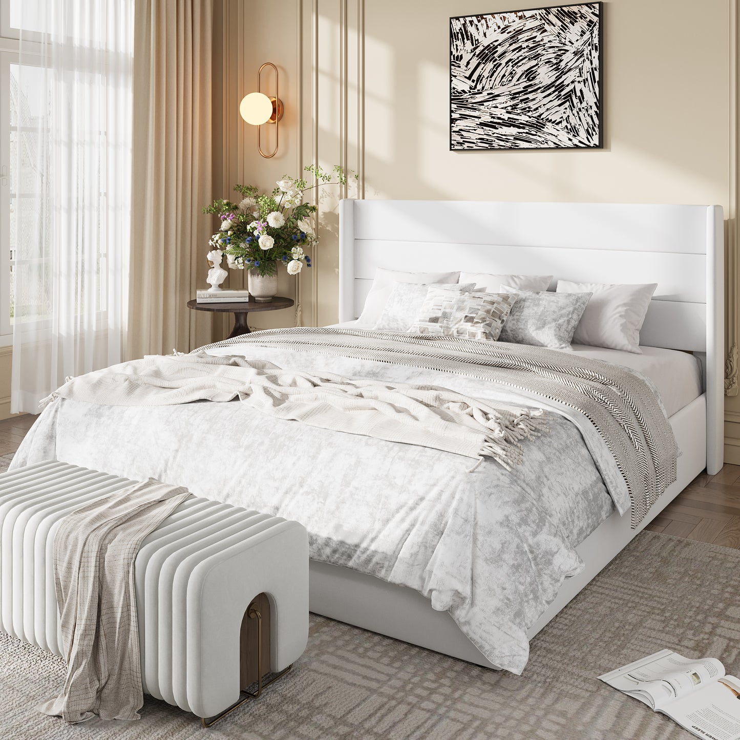 Amolife Lift Up Storage Bed Frame, Three-Panel Wingback Headboard, Ample Storage Space, No Box Spring Needed