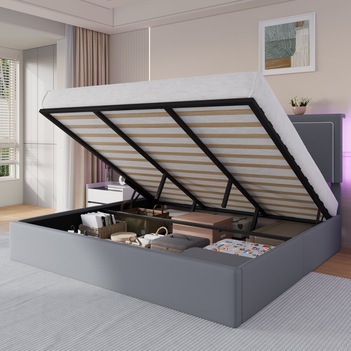 Amolife Lift Up Hydraulic Storage Bed Frame, Platform Bed with Velvet LED Light and Built-in Charging Station Headboard