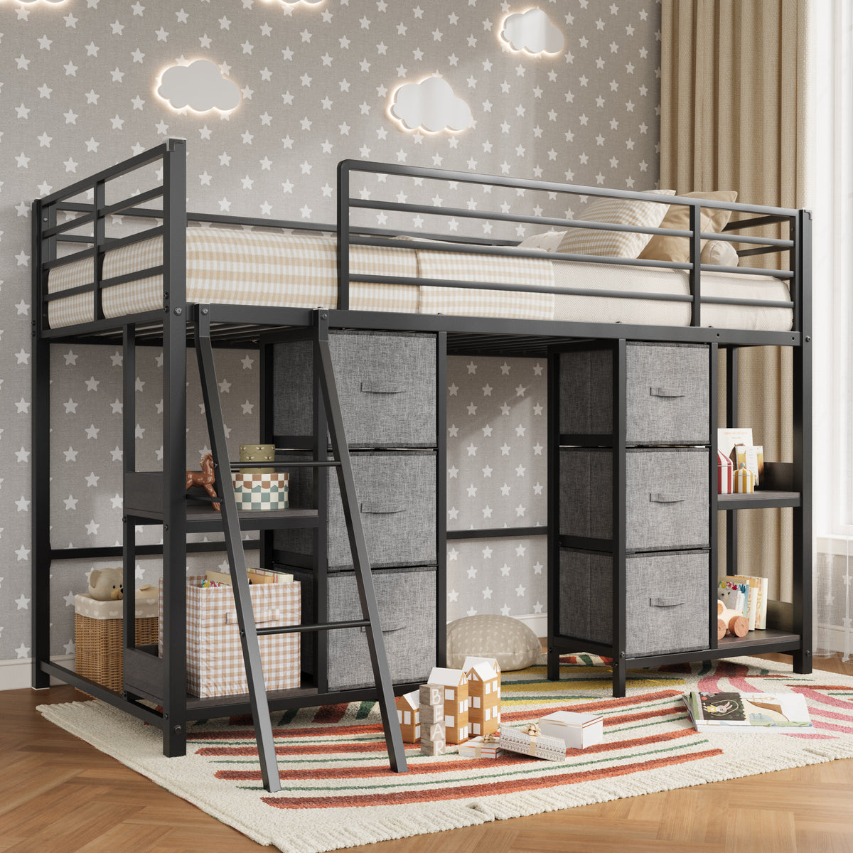 Amolife Twin Low Loft Bed with 6 Drawers and 4 Storage Shelves, Reinforced Frame, Ample Under-Bed Storage