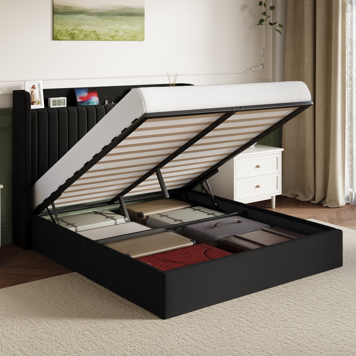 Amolife Lift Up Storage Platform Bed Frame with Velvet Built-in Charging Station Wingback Headboard