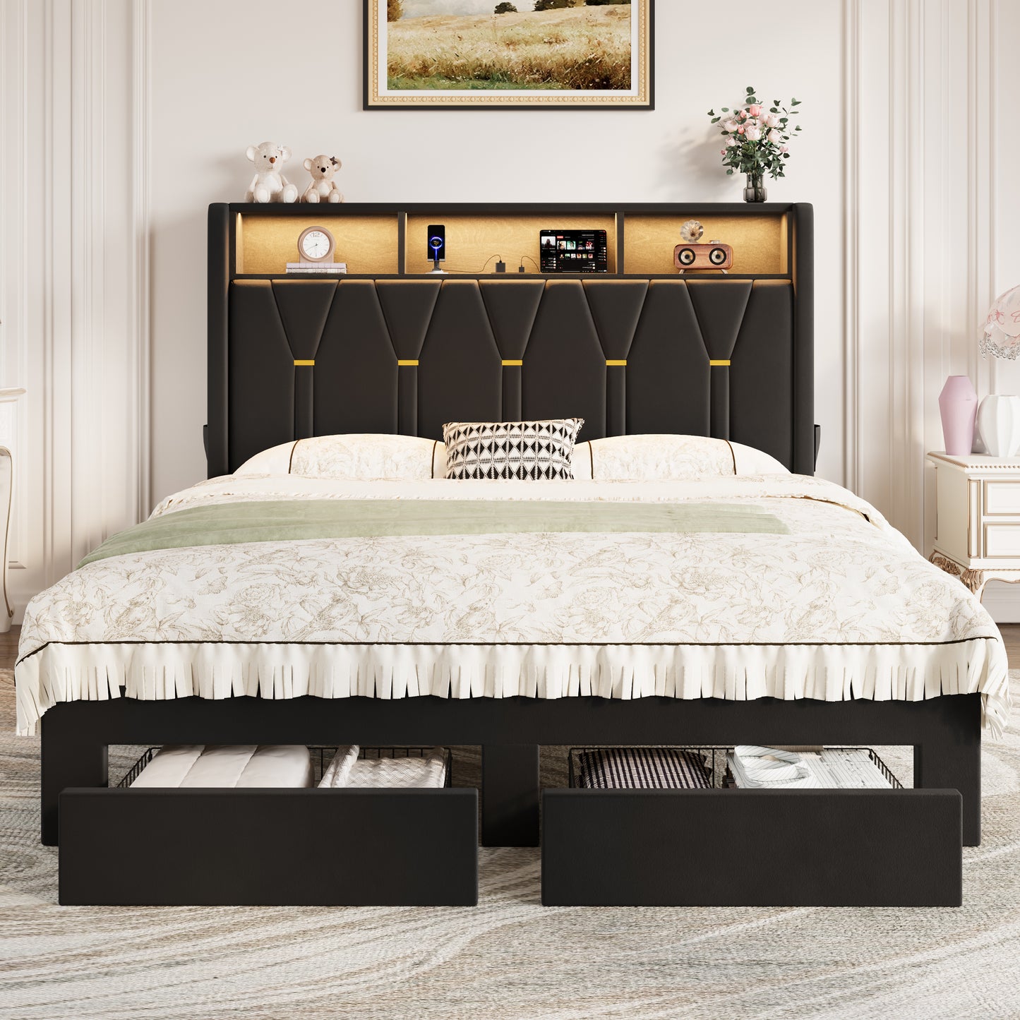 Amolife Bed Frame with 2-Tier Shelves Wingback Headboard and Two Large Storage Drawers, Fast Charging Station and Multi-Color LED