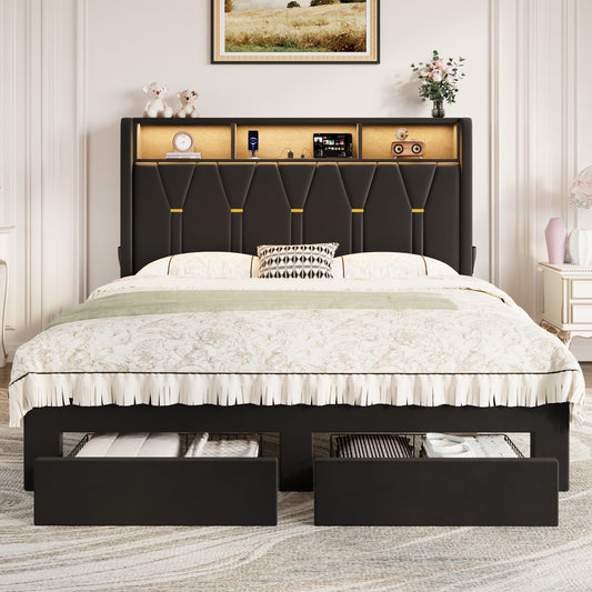 Amolife Bed Frame with 2-Tier Shelves Wingback Headboard and Two Large Storage Drawers, Fast Charging Station and Multi-Color LED