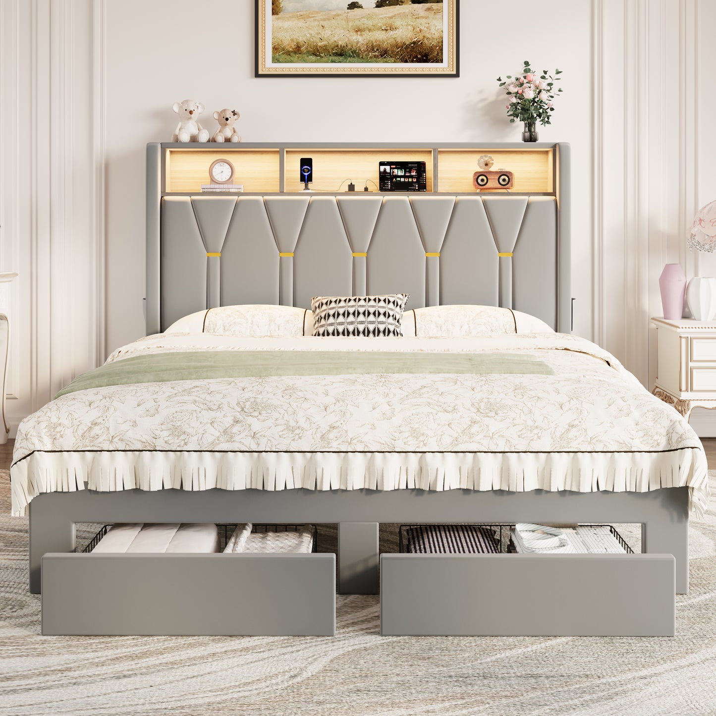 Amolife Bed Frame with 2-Tier Shelves Wingback Headboard and Two Large Storage Drawers, Fast Charging Station and Multi-Color LED