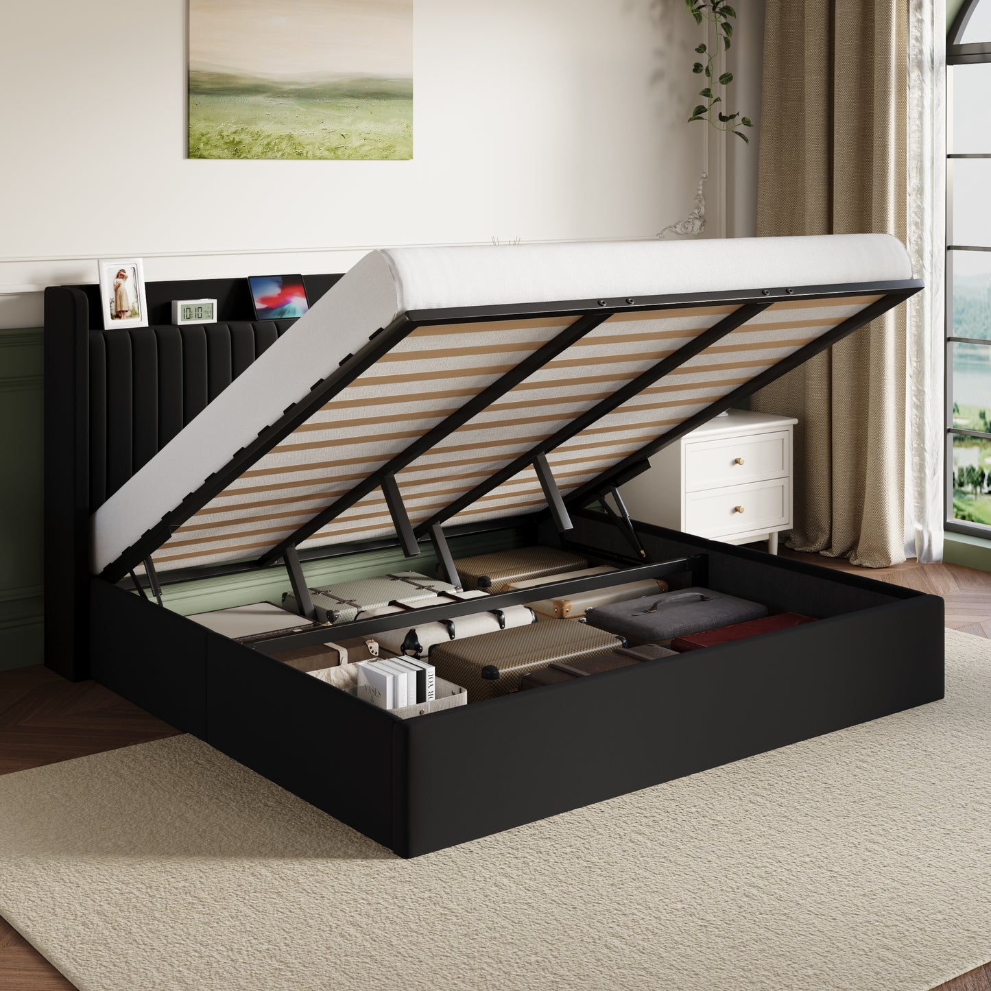 Amolife Lift Up Storage Platform Bed Frame with Velvet Built-in Charging Station Wingback Headboard