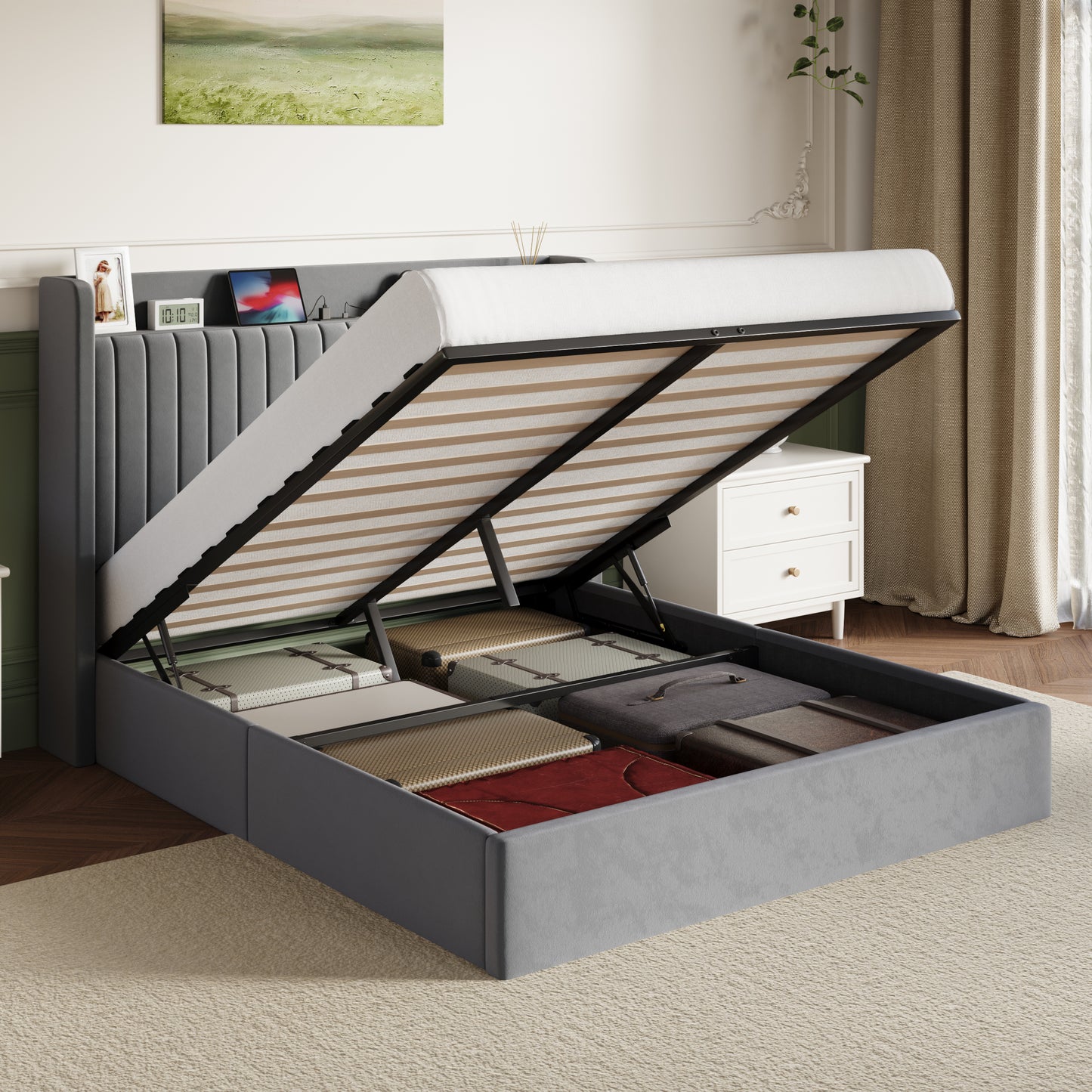 Amolife Lift Up Storage Platform Bed Frame with Velvet Built-in Charging Station Wingback Headboard