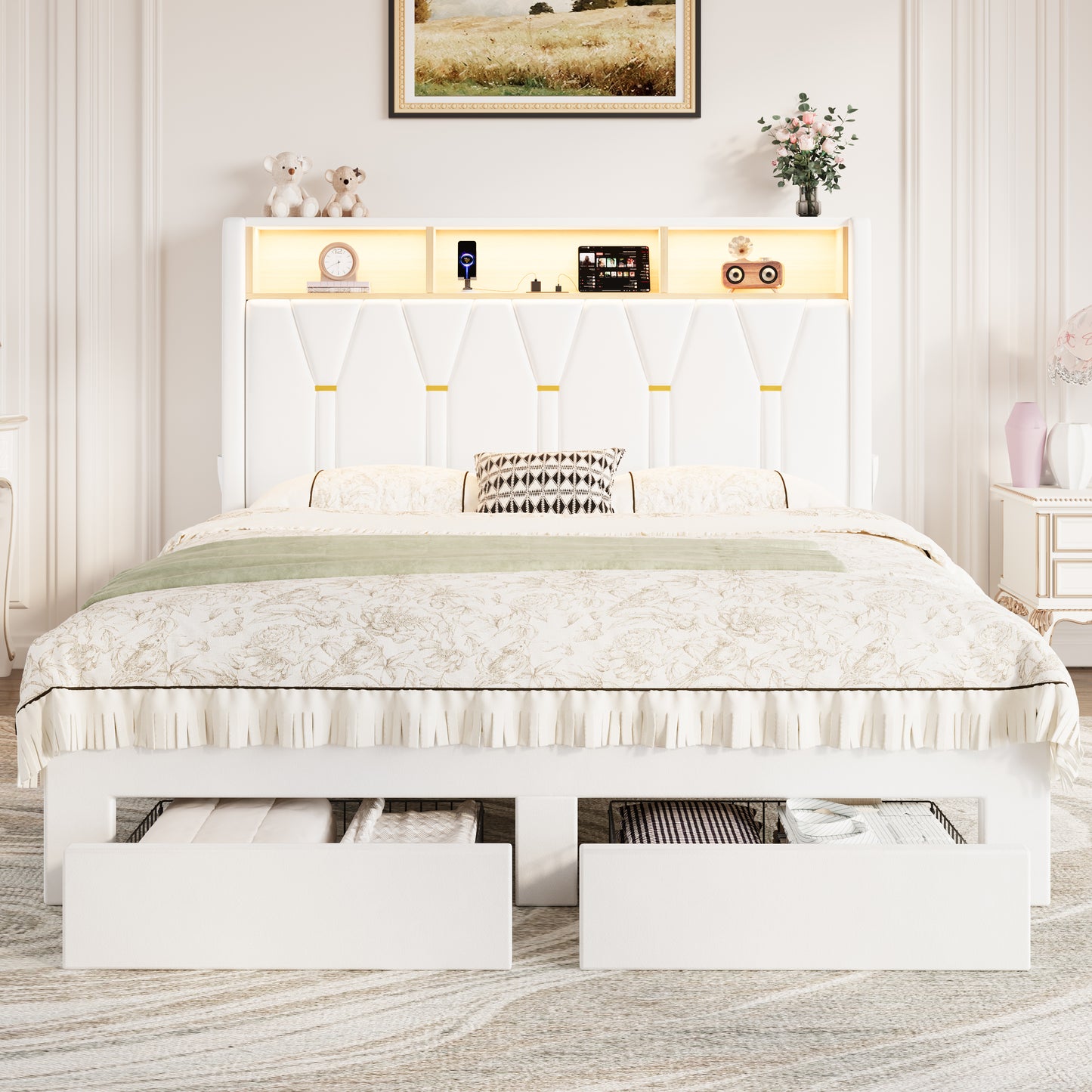 Amolife Bed Frame with 2-Tier Shelves Wingback Headboard and Two Large Storage Drawers, Fast Charging Station and Multi-Color LED