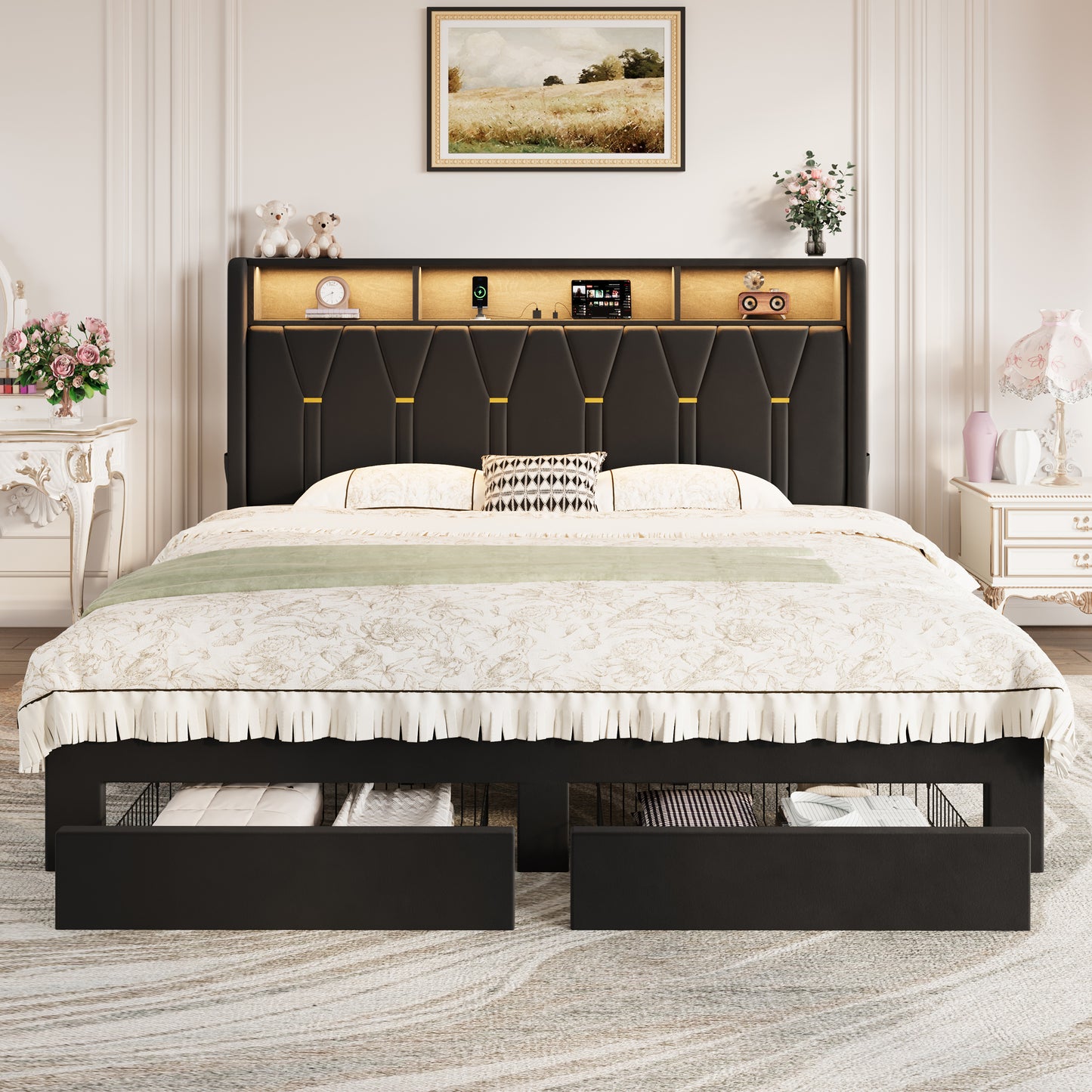 Amolife Bed Frame with 2-Tier Shelves Wingback Headboard and Two Large Storage Drawers, Fast Charging Station and Multi-Color LED