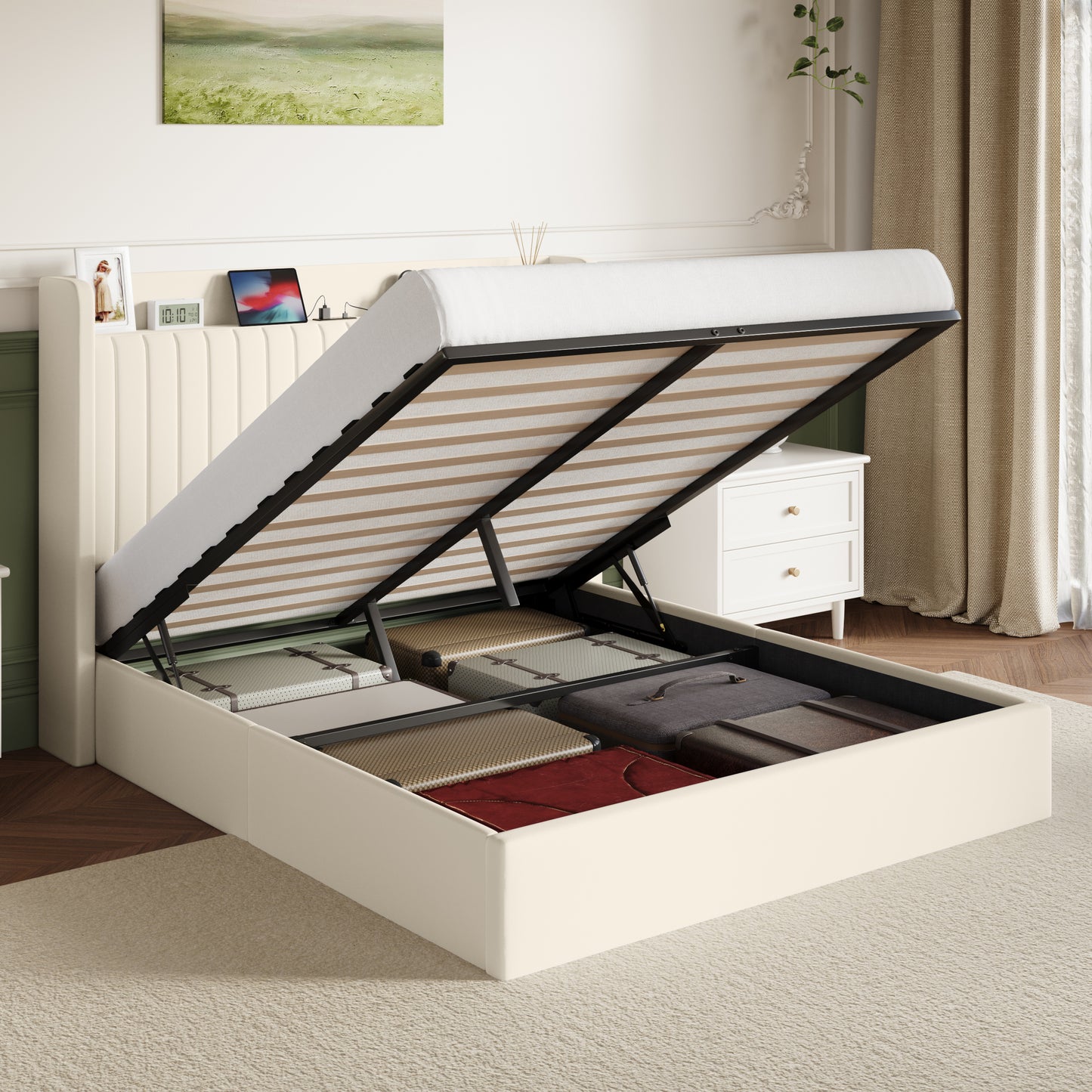 Amolife Lift Up Storage Platform Bed Frame with Velvet Built-in Charging Station Wingback Headboard