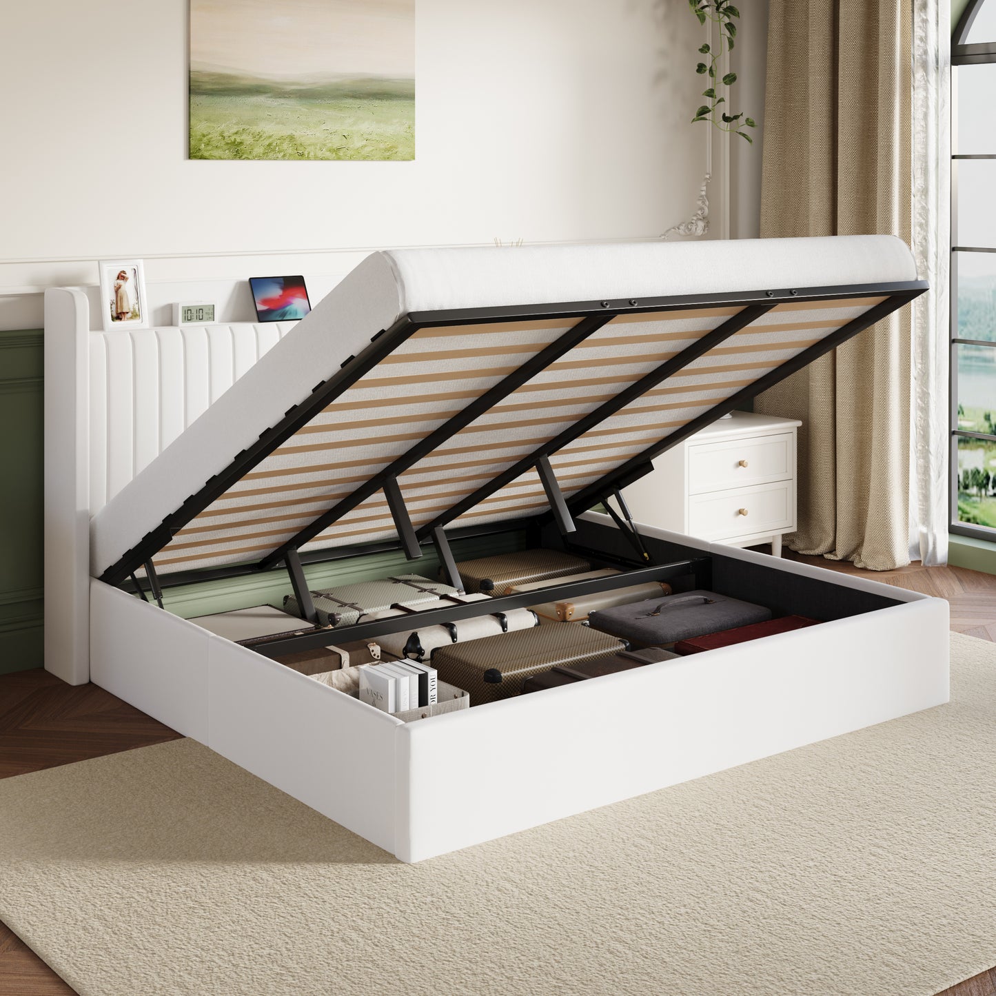 Amolife Lift Up Storage Platform Bed Frame with Velvet Built-in Charging Station Wingback Headboard