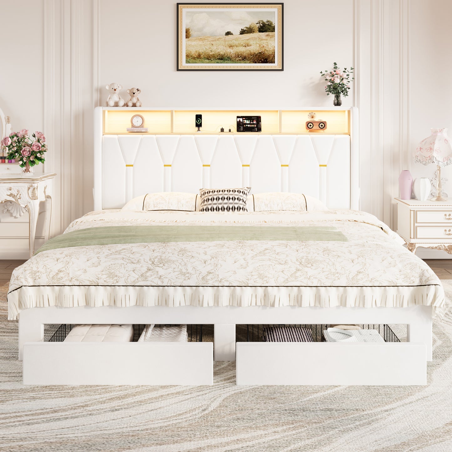 Amolife Bed Frame with 2-Tier Shelves Wingback Headboard and Two Large Storage Drawers, Fast Charging Station and Multi-Color LED