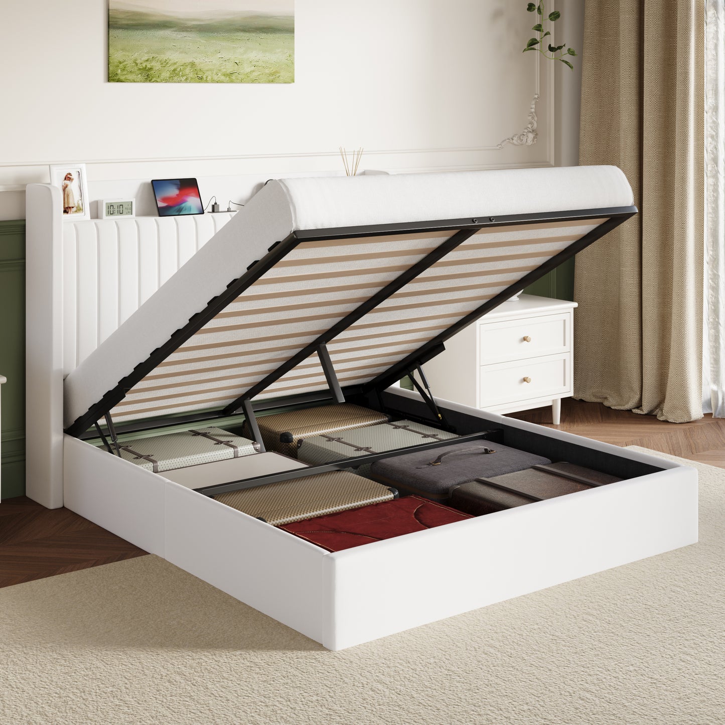 Amolife Lift Up Storage Platform Bed Frame with Velvet Built-in Charging Station Wingback Headboard