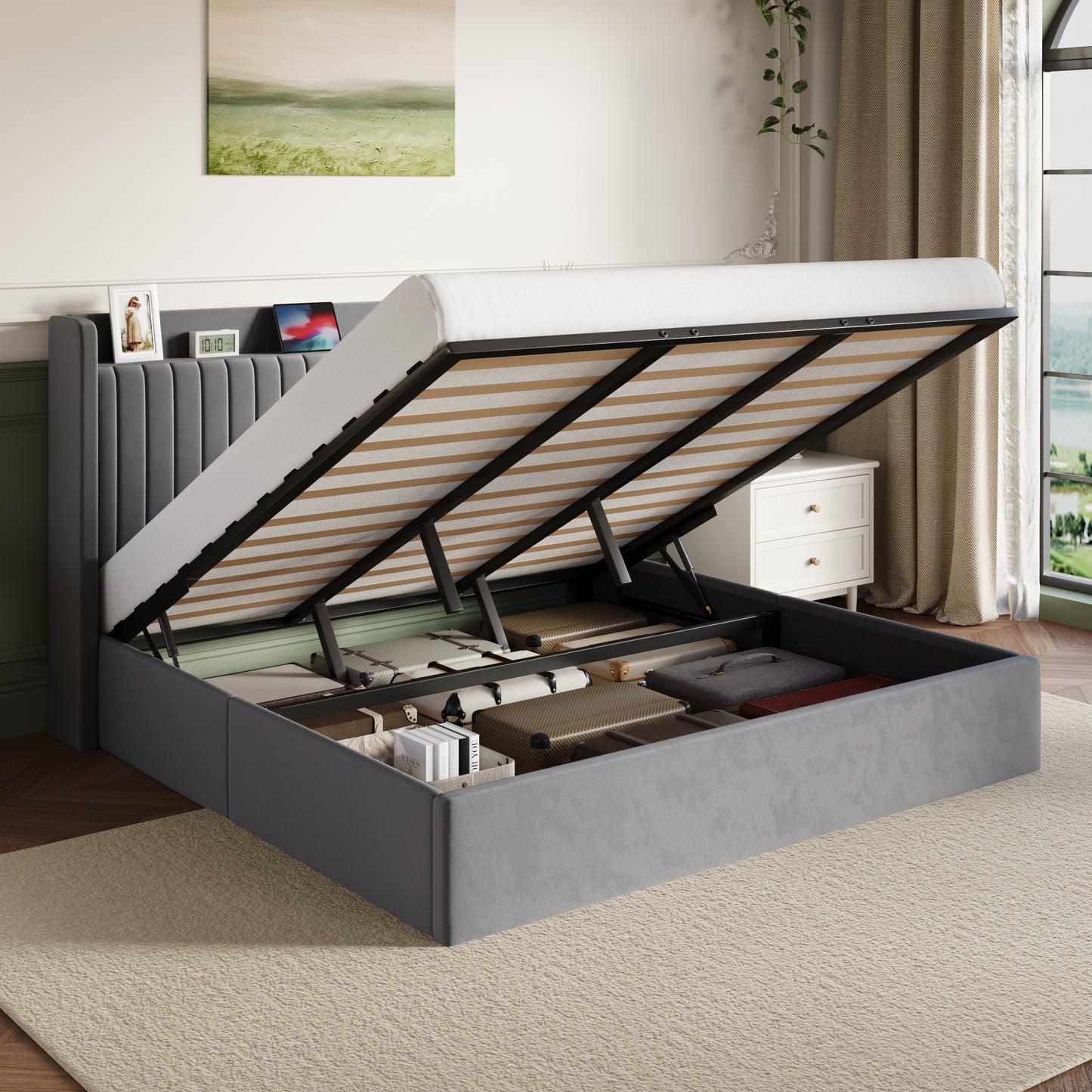 Amolife Lift Up Storage Platform Bed Frame with Velvet Built-in Charging Station Wingback Headboard