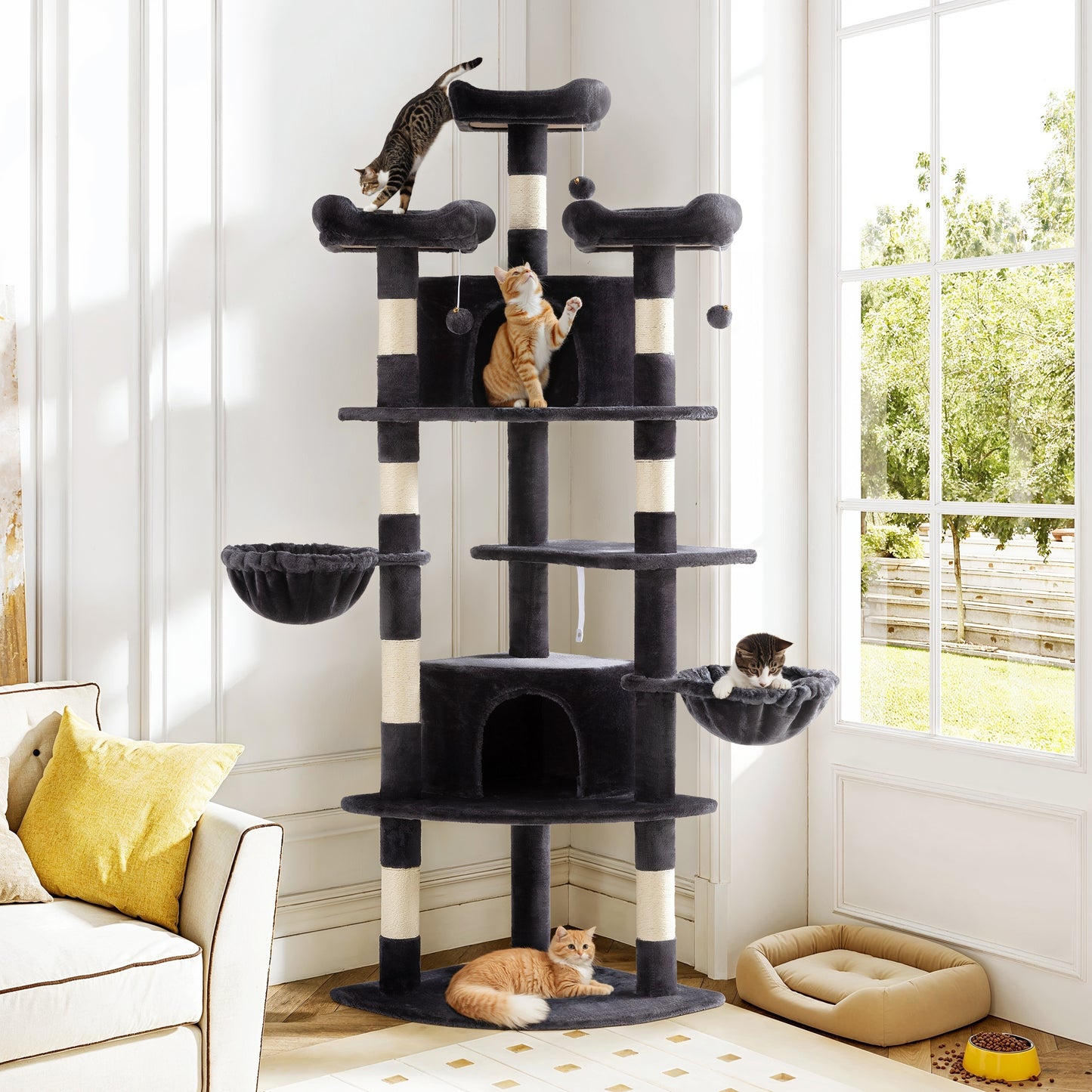 Amolife 73.6" Extra Large Corner Cat Tree, Fan-Shaped Tower with Scratching Posts & Condo House for Indoor Cats