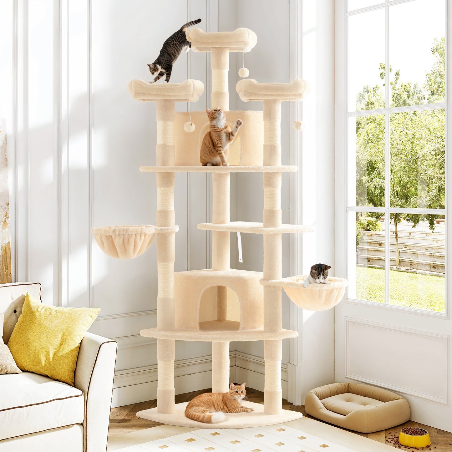 Amolife 73.6" Extra Large Corner Cat Tree, Fan-Shaped Tower with Scratching Posts & Condo House for Indoor Cats