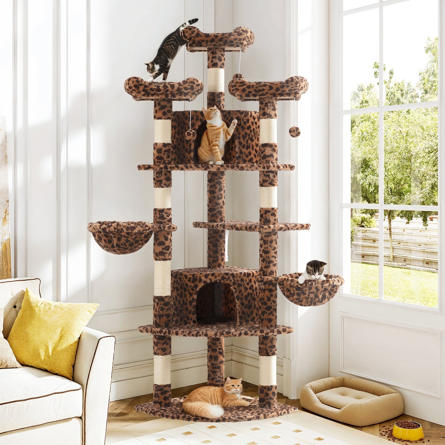 Amolife 73.6" Extra Large Corner Cat Tree, Fan-Shaped Tower with Scratching Posts & Condo House for Indoor Cats