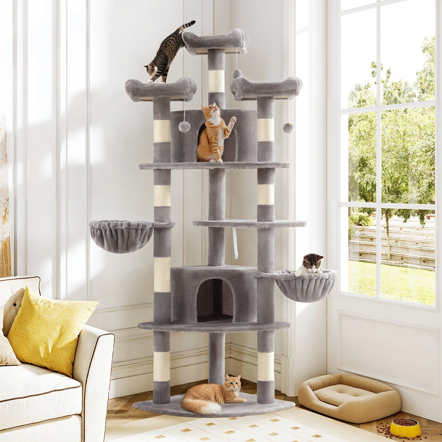 Amolife 73.6" Extra Large Corner Cat Tree, Fan-Shaped Tower with Scratching Posts & Condo House for Indoor Cats