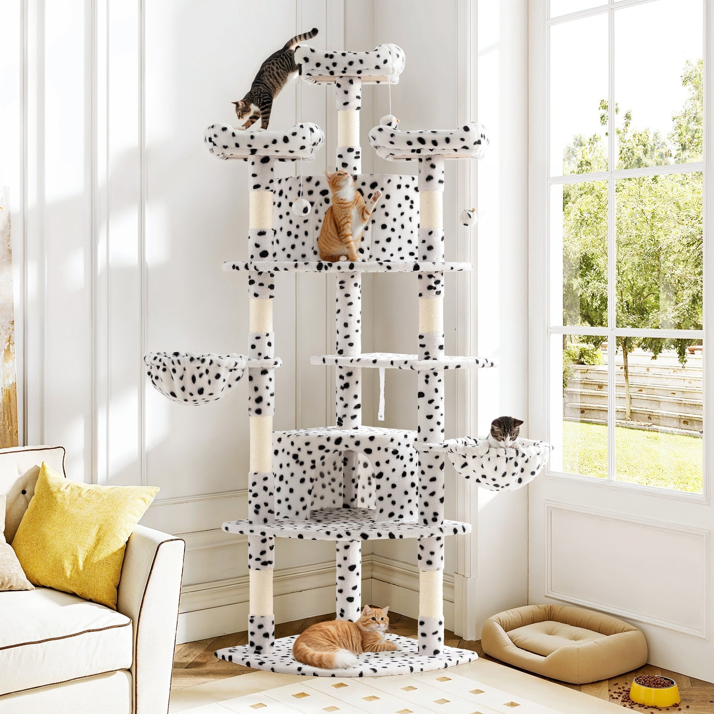 Amolife 73.6" Extra Large Corner Cat Tree, Fan-Shaped Tower with Scratching Posts & Condo House for Indoor Cats