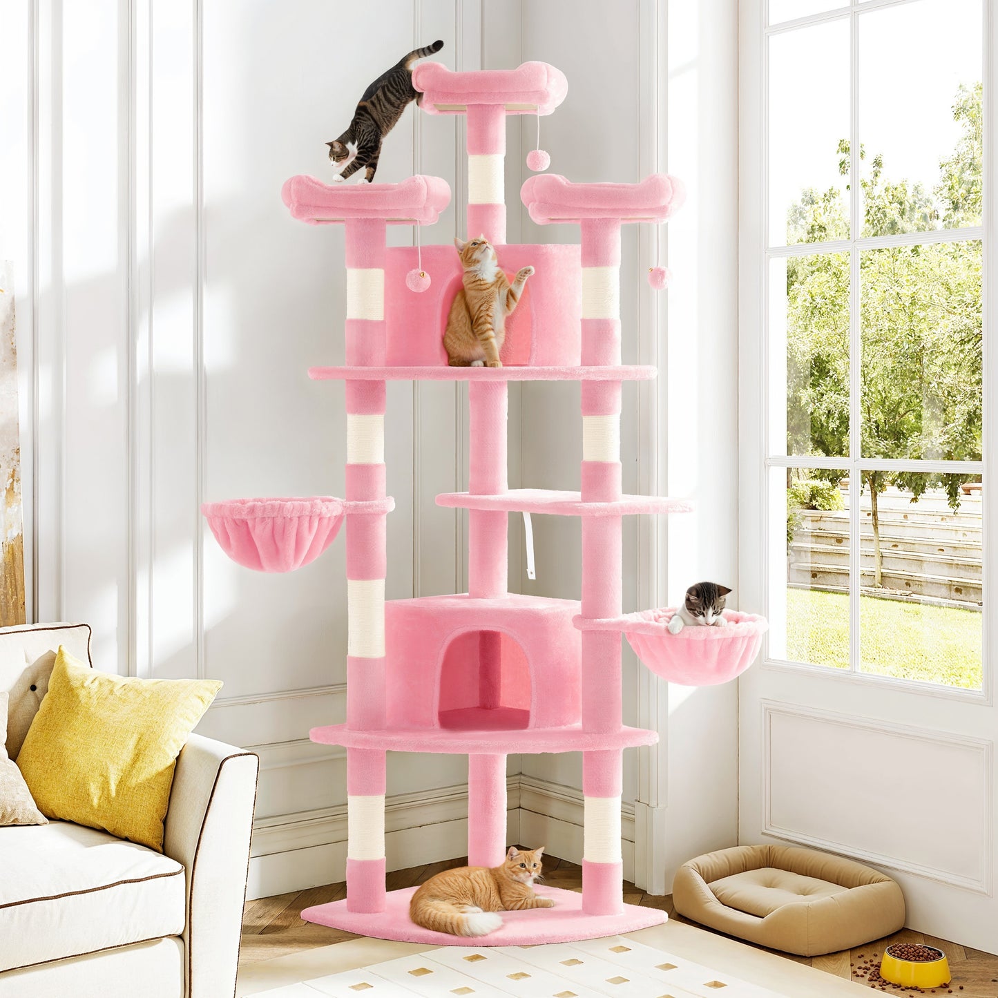 Amolife 73.6" Extra Large Corner Cat Tree, Fan-Shaped Tower with Scratching Posts & Condo House for Indoor Cats