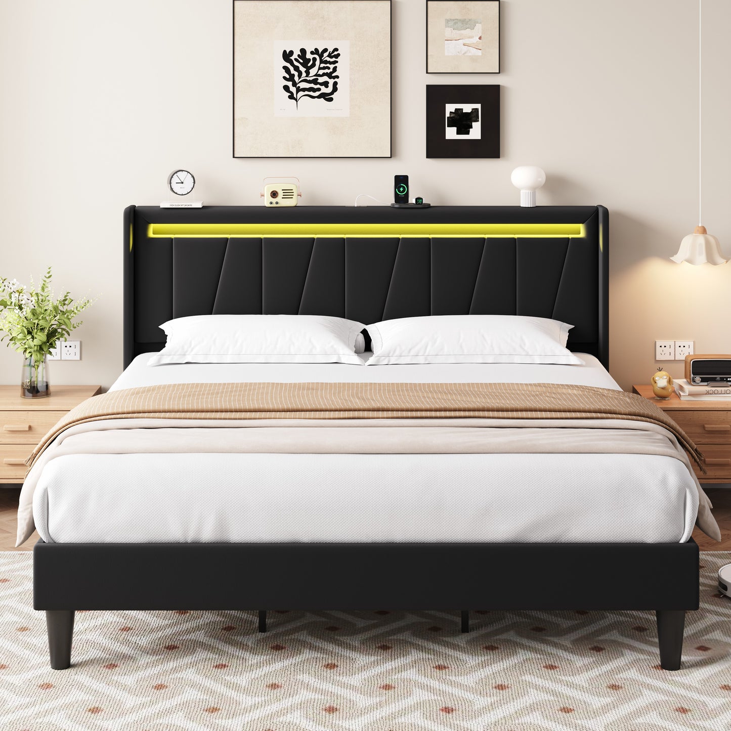 Amolife Bed Frame with Charging Station & LED Light, Velvet Upholstered Platform Bed with Geometric Wingback Headboard