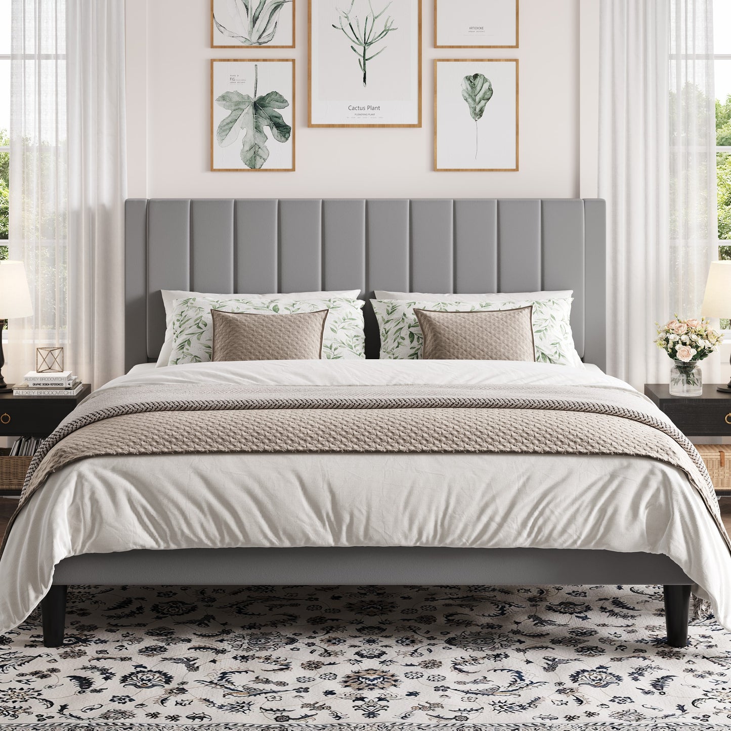 Amolife Bed Frame with Velvet Vertical Stripe Headboard and Extra Panel