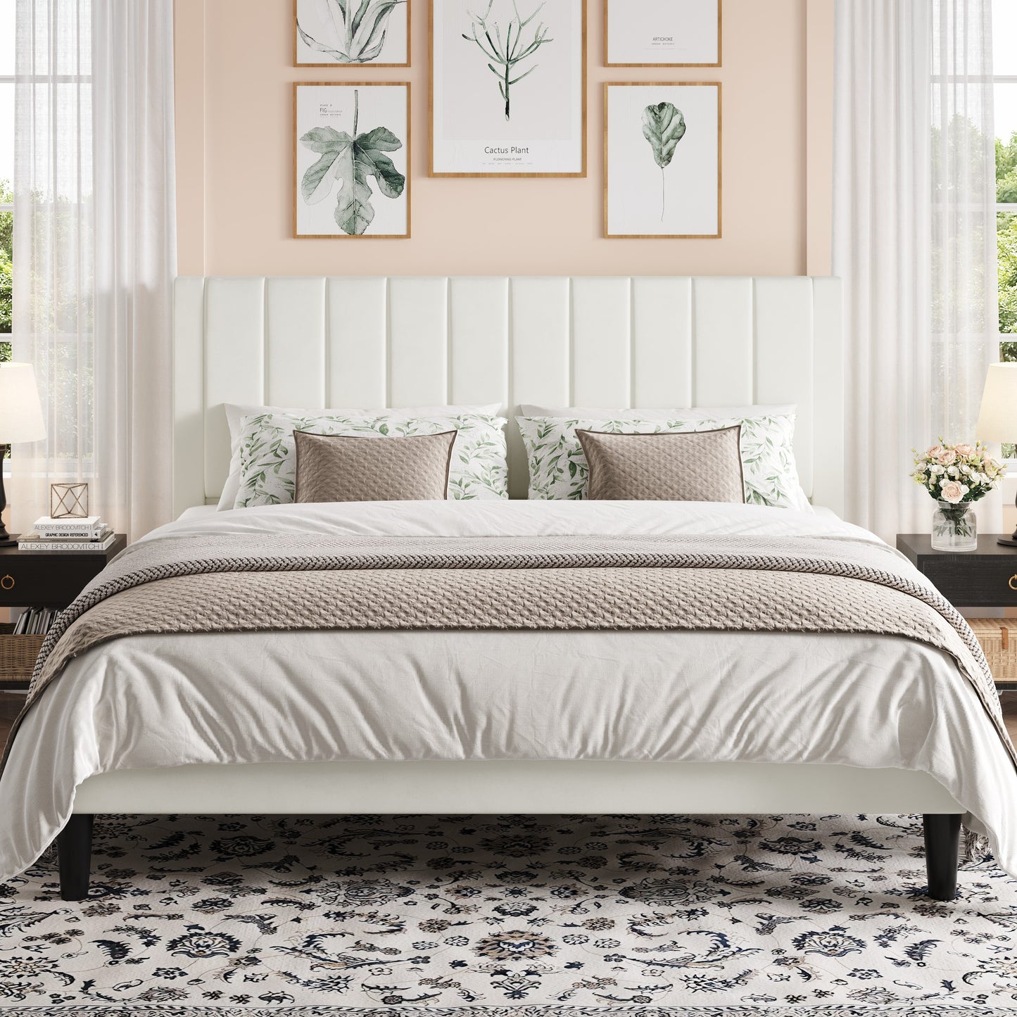 Amolife Bed Frame with Velvet Vertical Stripe Headboard and Extra Panel