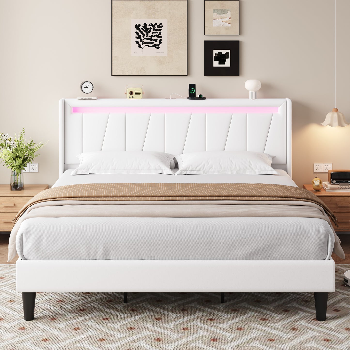 Amolife Bed Frame with Charging Station & LED Light, Velvet Upholstered Platform Bed with Geometric Wingback Headboard