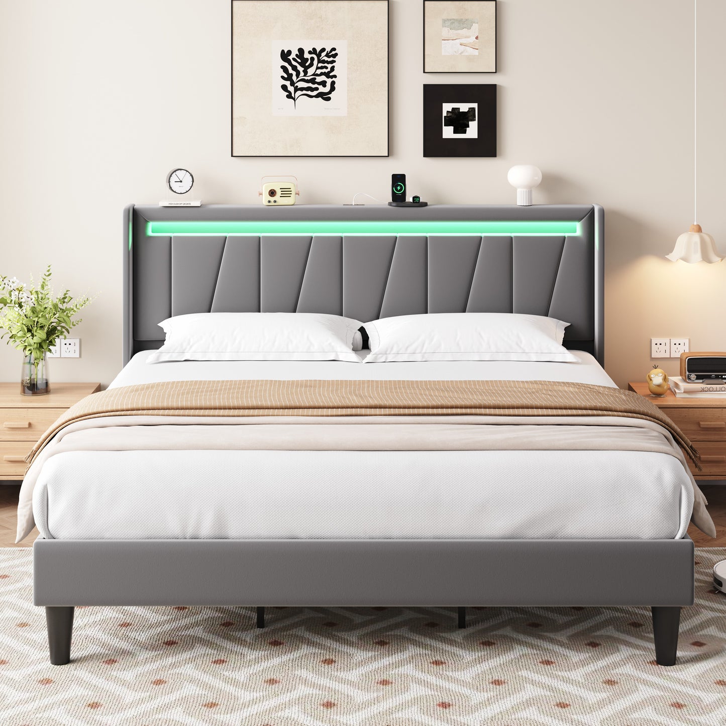 Amolife Bed Frame with Charging Station & LED Light, Velvet Upholstered Platform Bed with Geometric Wingback Headboard