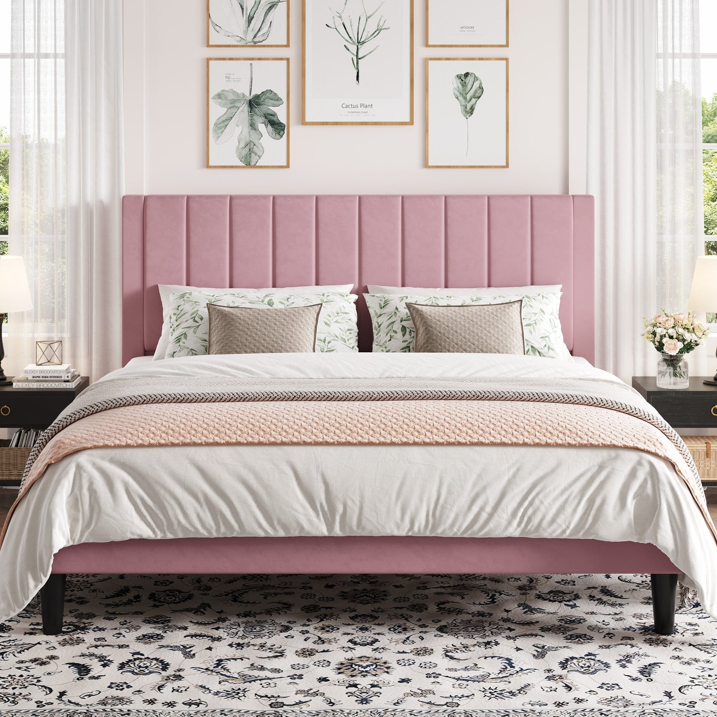 Amolife Bed Frame with Velvet Vertical Stripe Headboard and Extra Panel