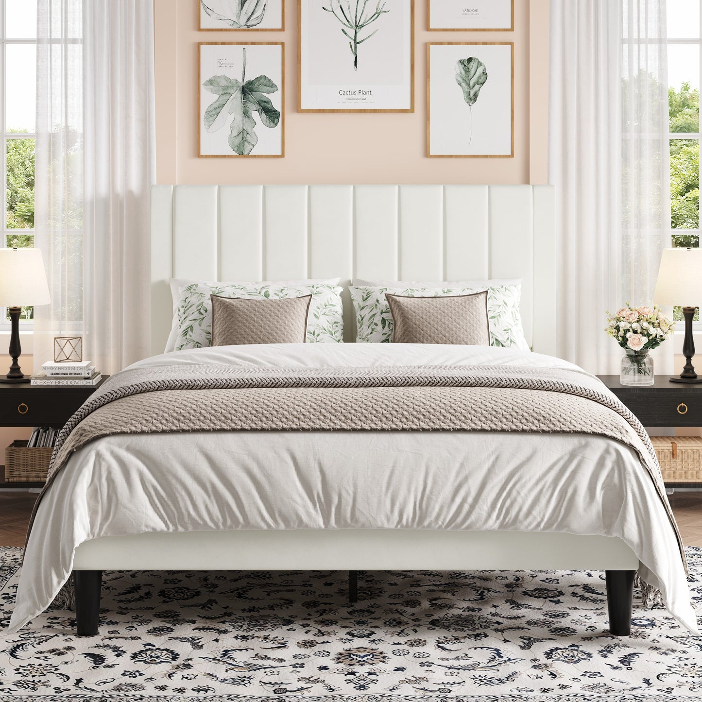 Amolife Bed Frame with Velvet Vertical Stripe Headboard and Extra Panel