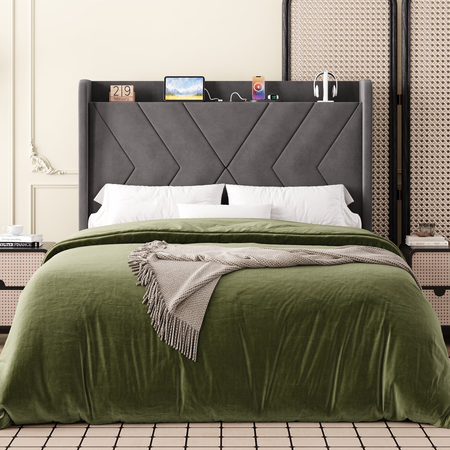 Amolife Platform Bed Frame with 4-in-1 Charging Station & Storage Shelf, Upholstered Velvet Wingback Headboard