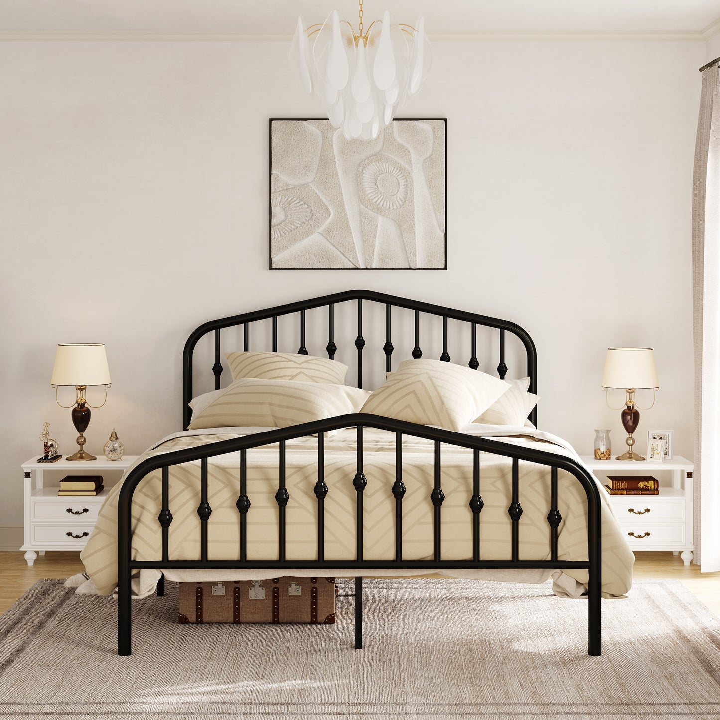 Queen Size Metal Bed Frame with Delicate Headboard and Footboard, Black