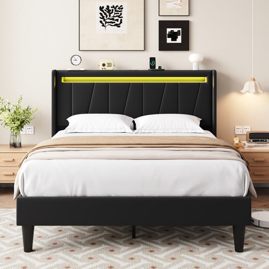Amolife Bed Frame with Charging Station & LED Light, Velvet Upholstered Platform Bed with Geometric Wingback Headboard