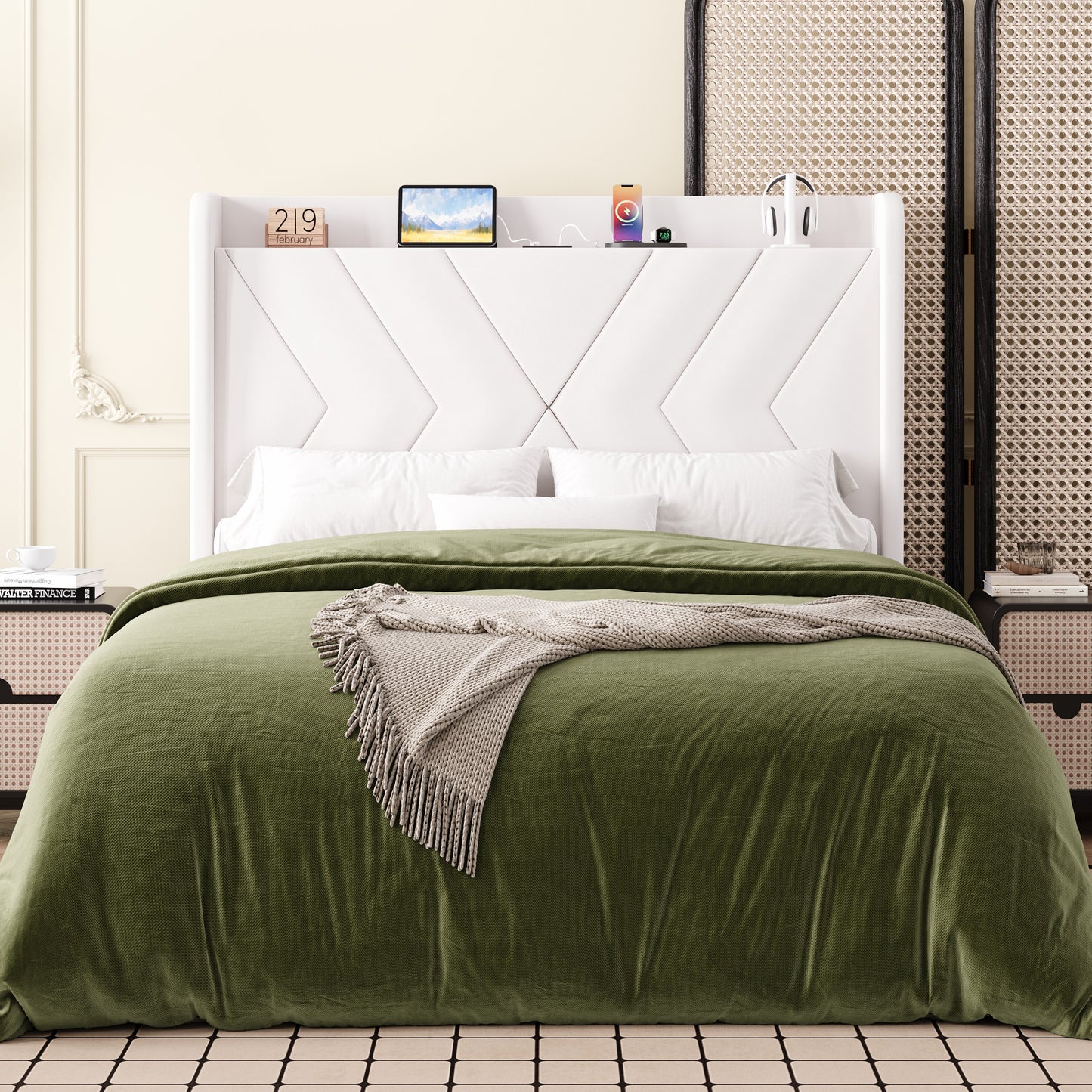 Amolife Platform Bed Frame with 4-in-1 Charging Station & Storage Shelf, Upholstered Velvet Wingback Headboard