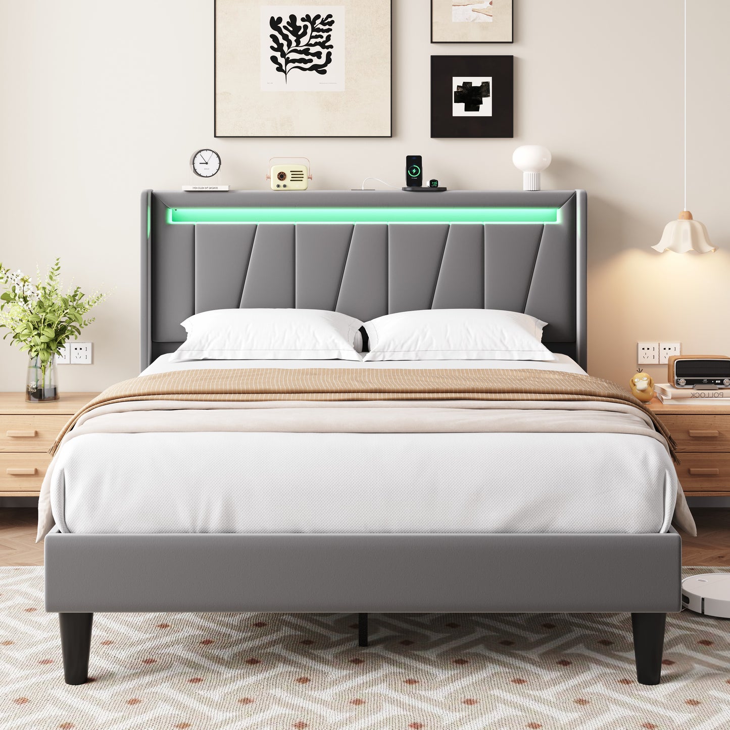 Amolife Bed Frame with Charging Station & LED Light, Velvet Upholstered Platform Bed with Geometric Wingback Headboard
