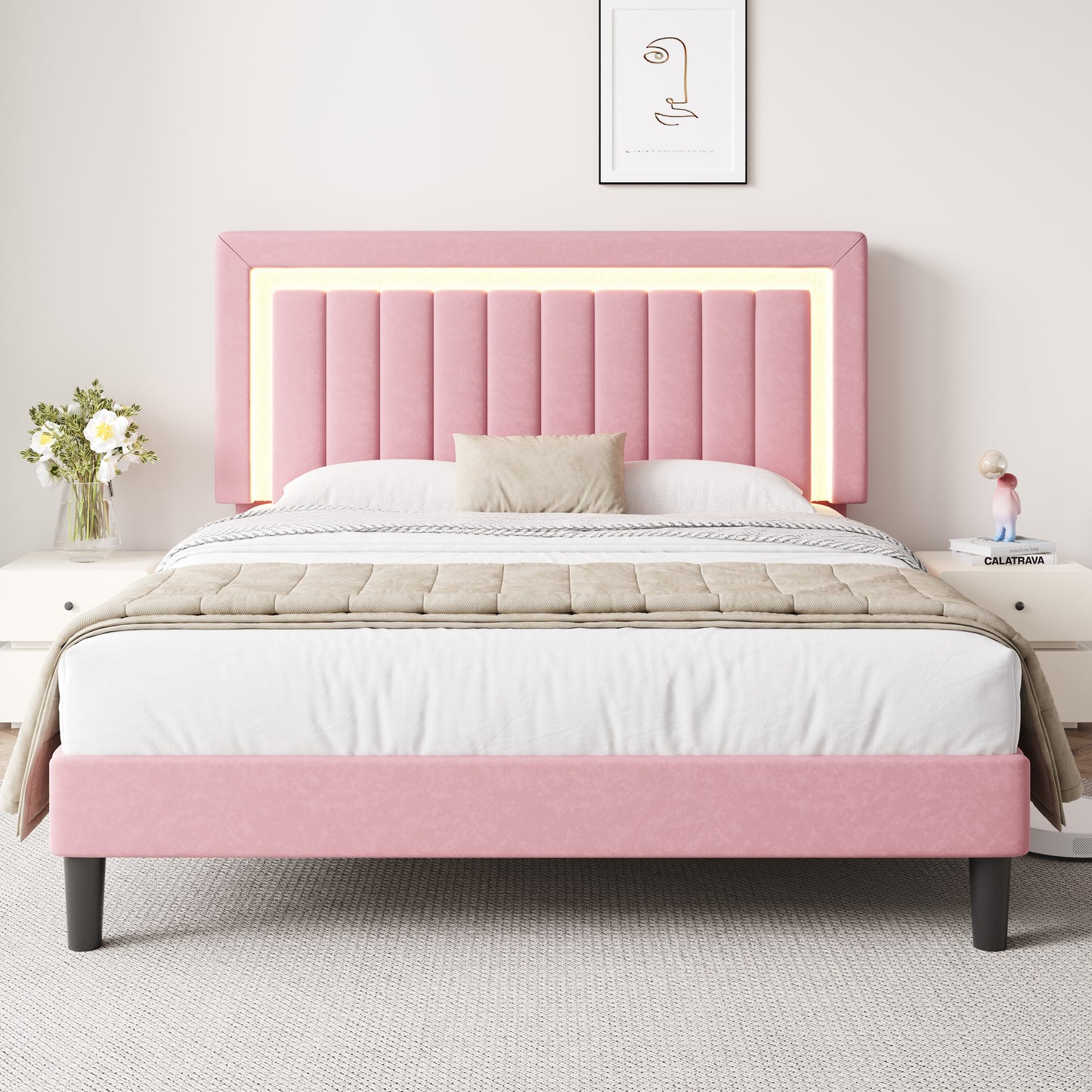 Amolife Bed Frame, Platform Bed with LED Light Velvet Vertical Channel Upholstered Headboard