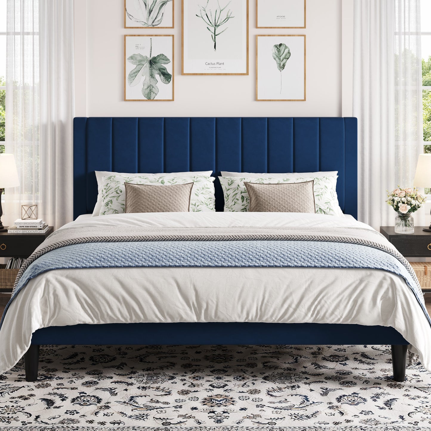 Amolife Bed Frame with Velvet Vertical Stripe Headboard and Extra Panel