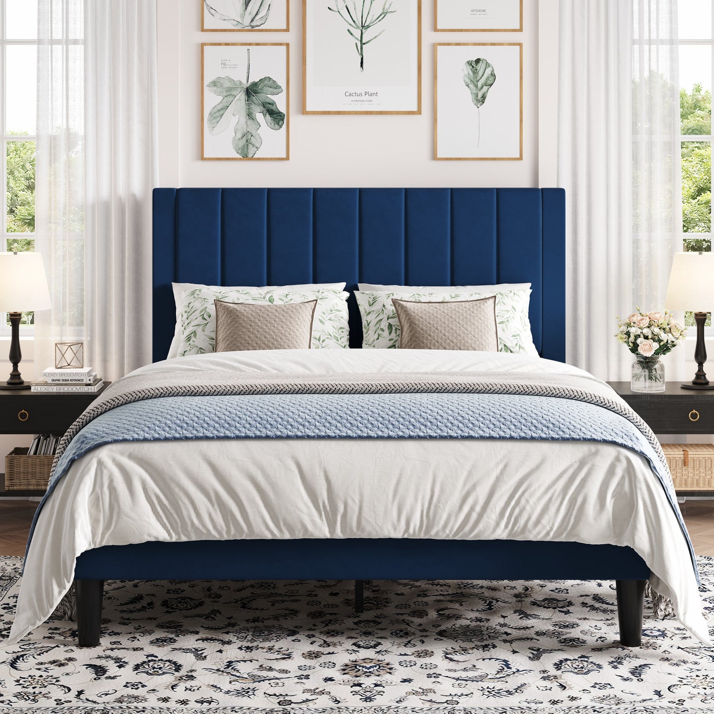 Amolife Bed Frame with Velvet Vertical Stripe Headboard and Extra Panel