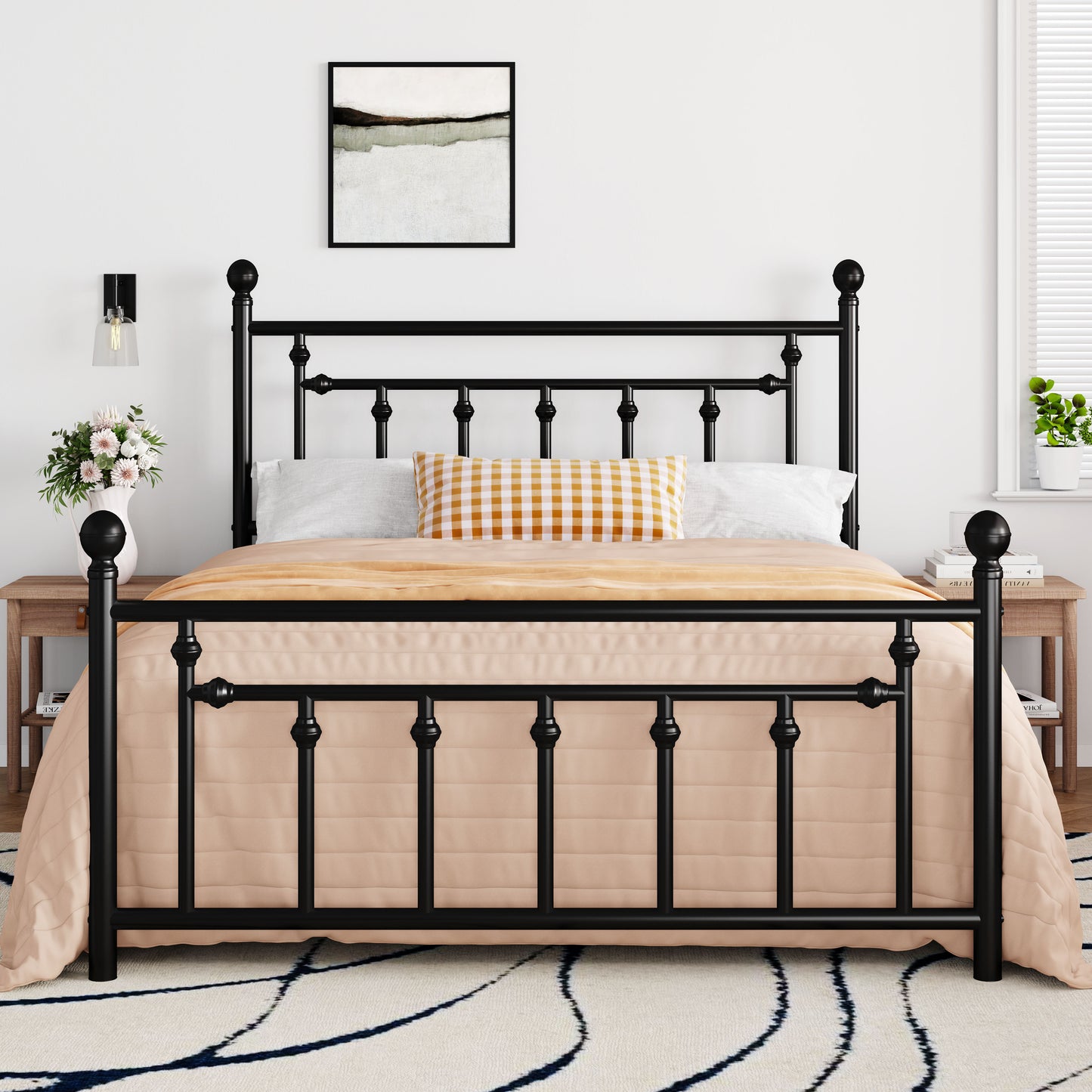 Queen Size Metal Bed Frame with Victorian Vintage Style Headboard and Footboard, Black