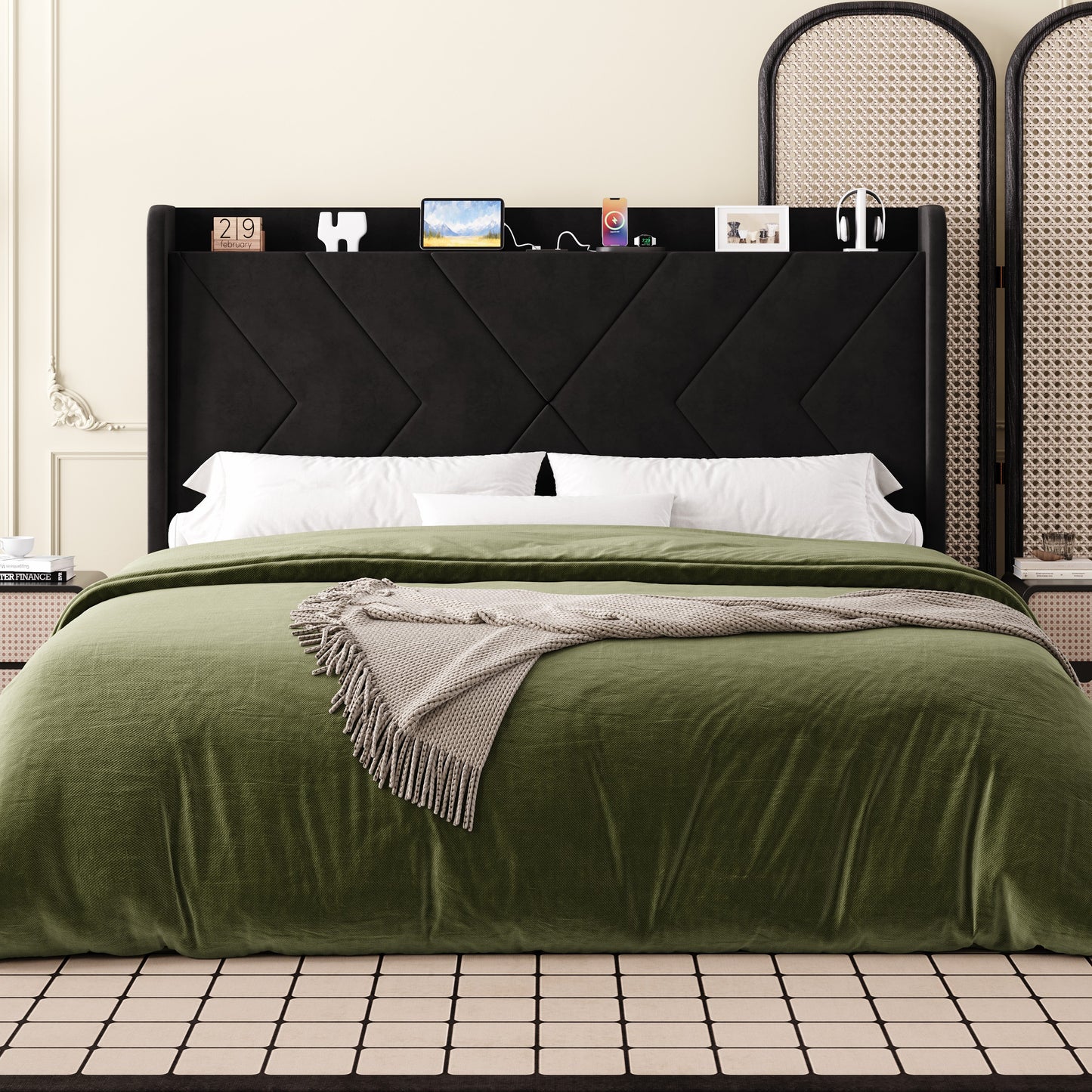 Amolife Platform Bed Frame with 4-in-1 Charging Station & Storage Shelf, Upholstered Velvet Wingback Headboard