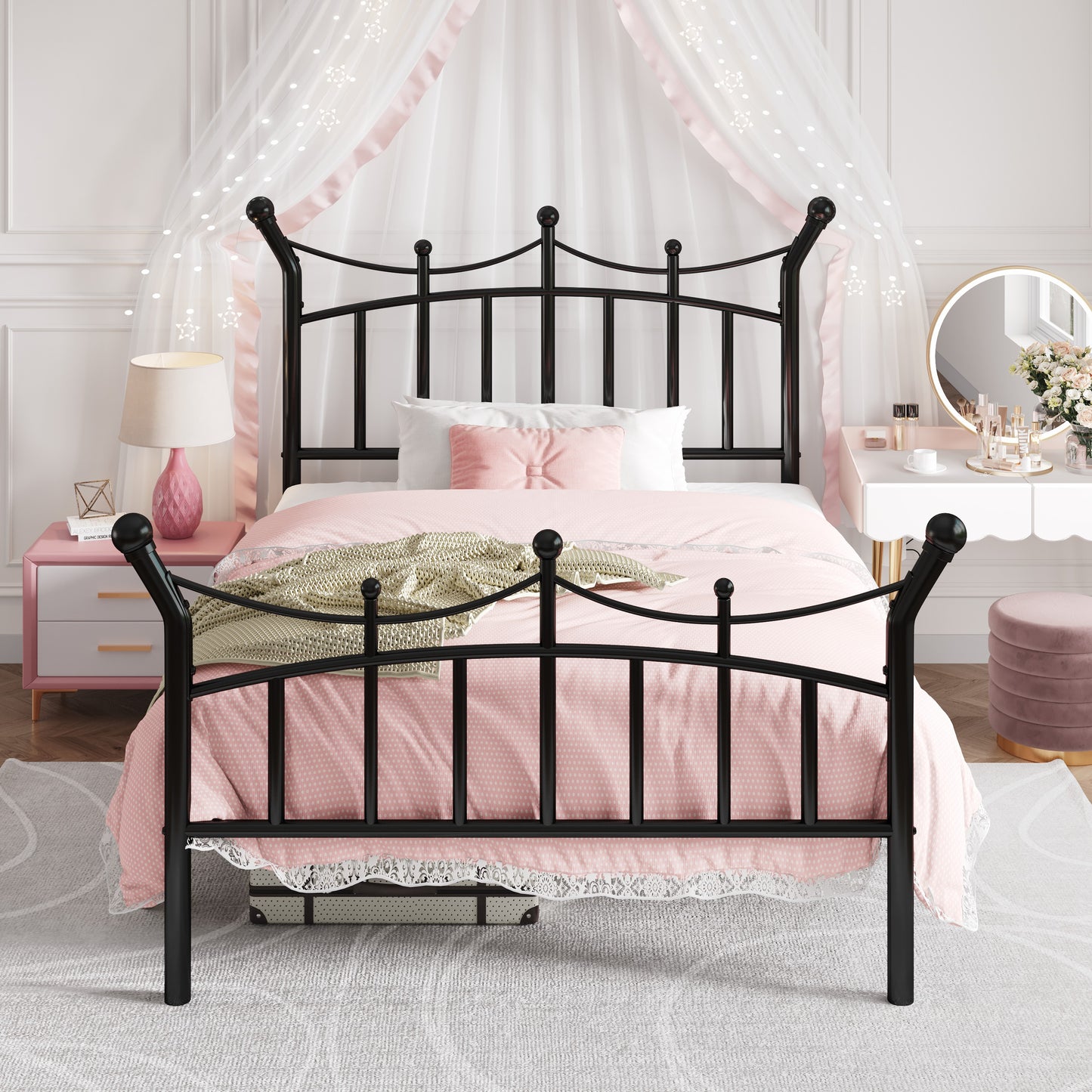 Amolife Bed Frame, Metal Platform Bed with Crown-Shaped Headboard and Footboard, 12.6'' Under-Bed Storage Space, No Box Spring Needed