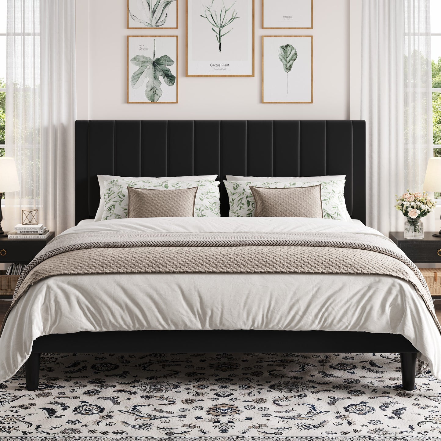 Amolife Bed Frame with Velvet Vertical Stripe Headboard and Extra Panel