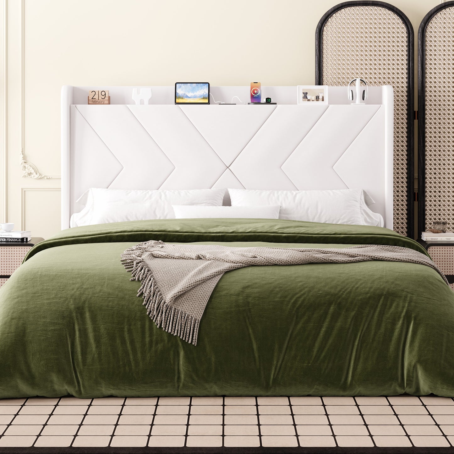 Amolife Platform Bed Frame with 4-in-1 Charging Station & Storage Shelf, Upholstered Velvet Wingback Headboard