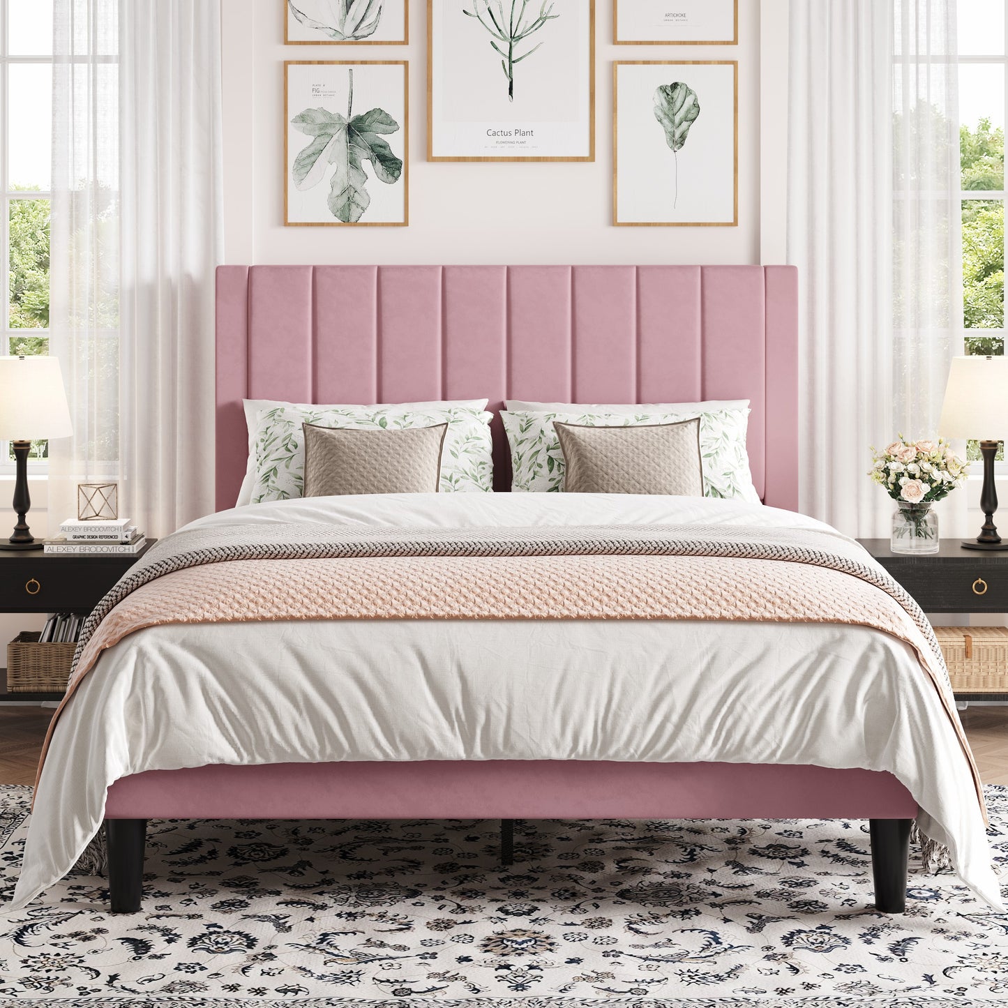 Amolife Bed Frame with Velvet Vertical Stripe Headboard and Extra Panel