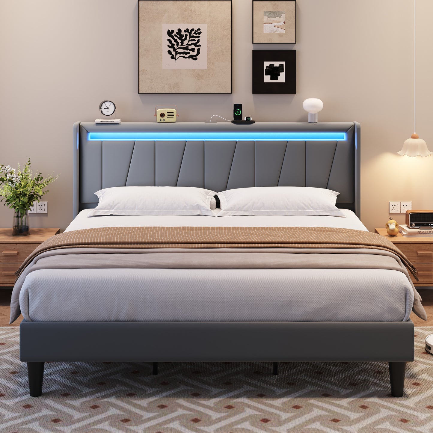 Amolife Bed Frame with Charging Station & LED Light, Velvet Upholstered Platform Bed with Geometric Wingback Headboard
