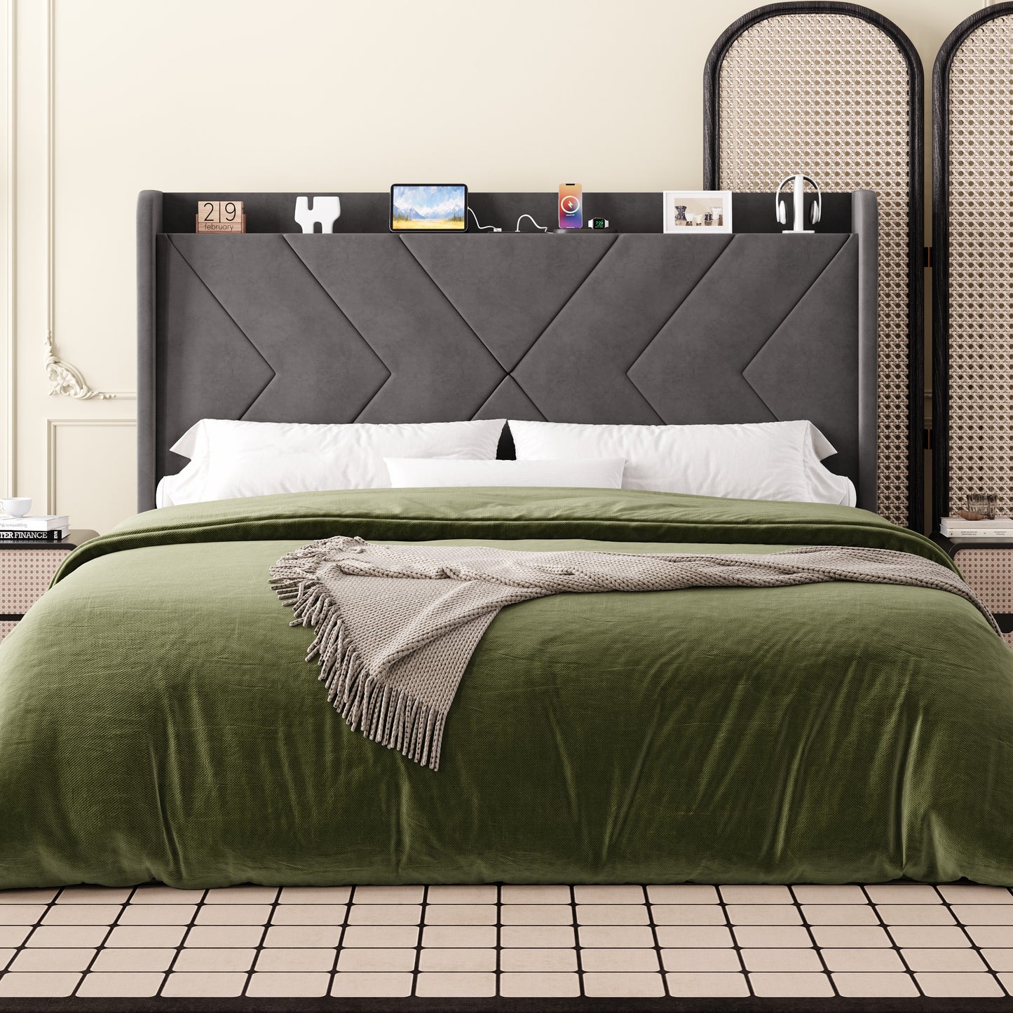 Amolife Platform Bed Frame with 4-in-1 Charging Station & Storage Shelf, Upholstered Velvet Wingback Headboard