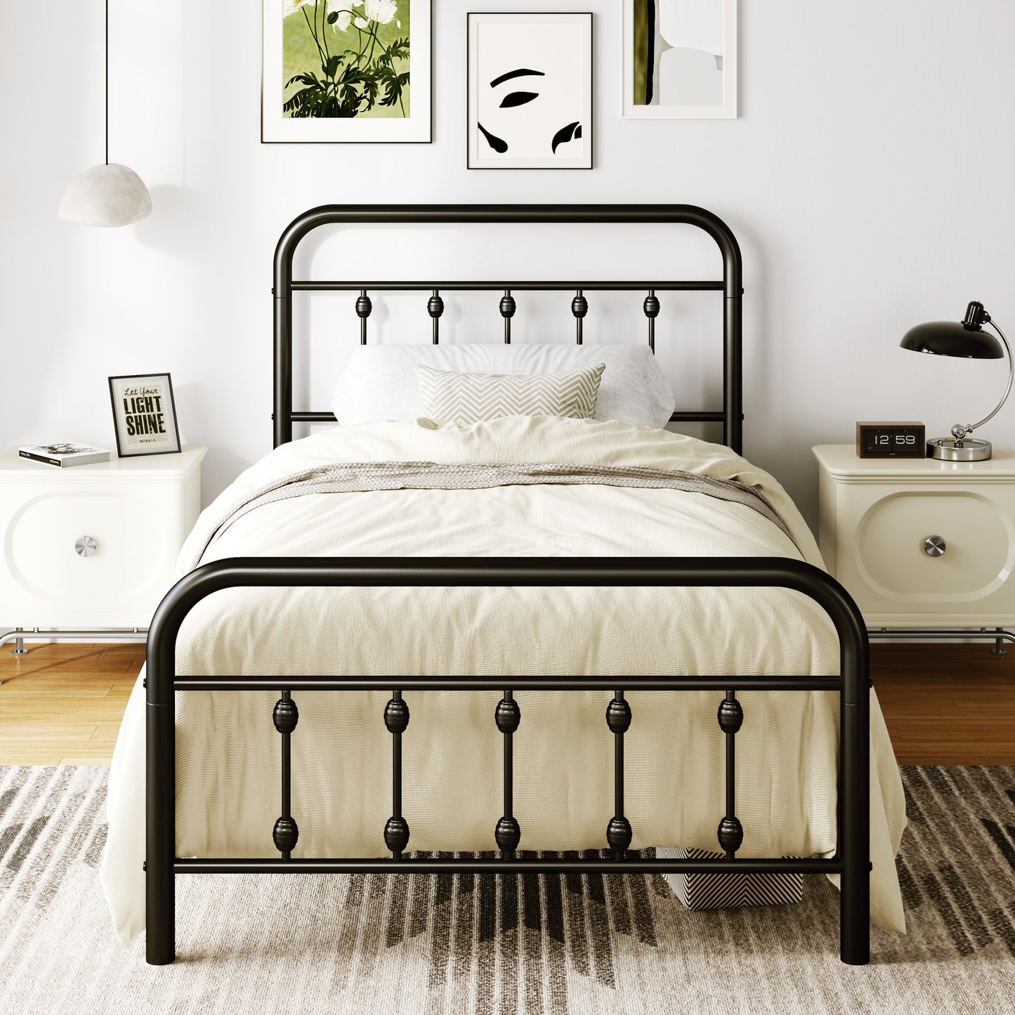 Amolife Metal Platform Bed Frame with Vintage Metal Headboard and 12.6" Under-Bed Storage