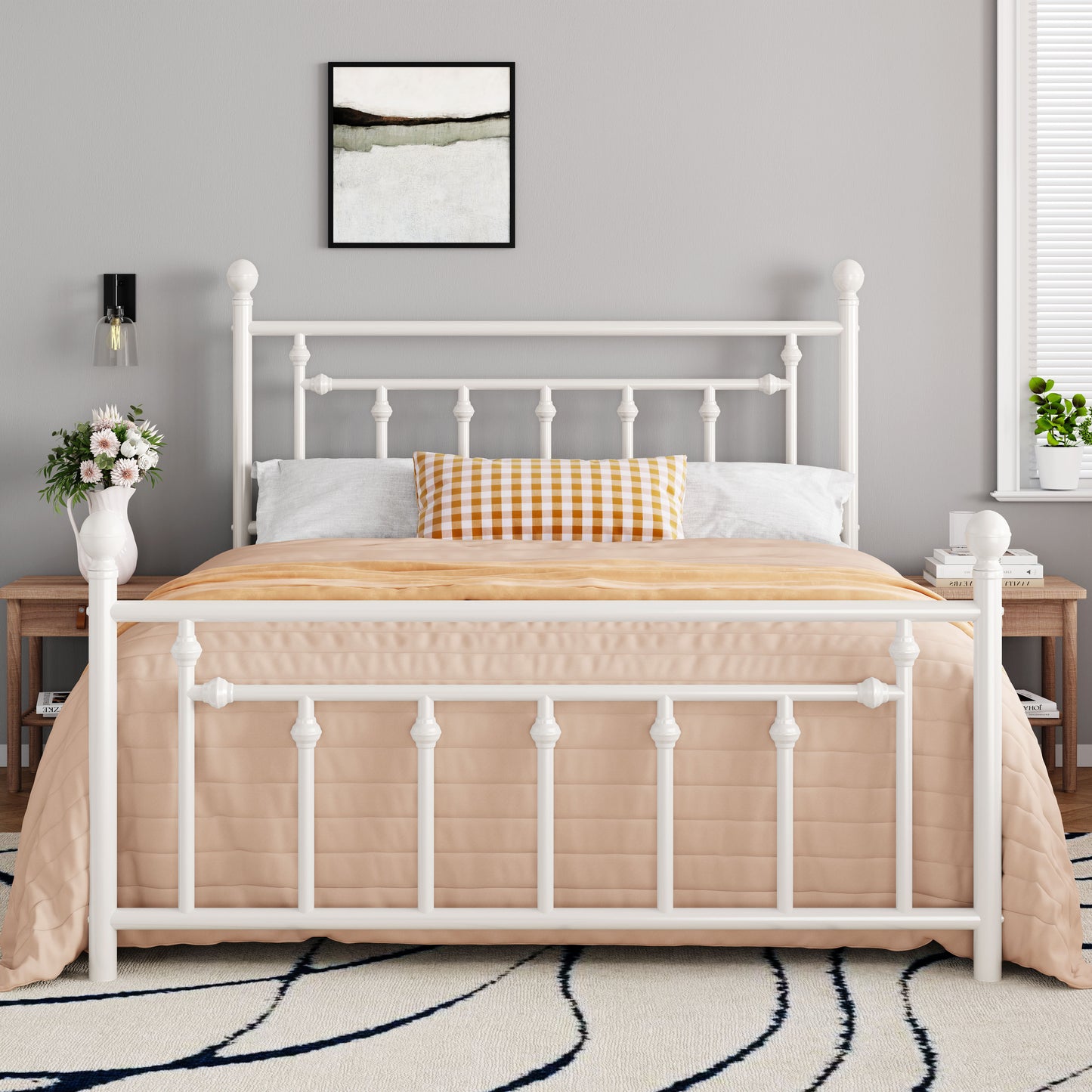 Queen Size Metal Bed Frame with Victorian Vintage Style Headboard and Footboard, Black