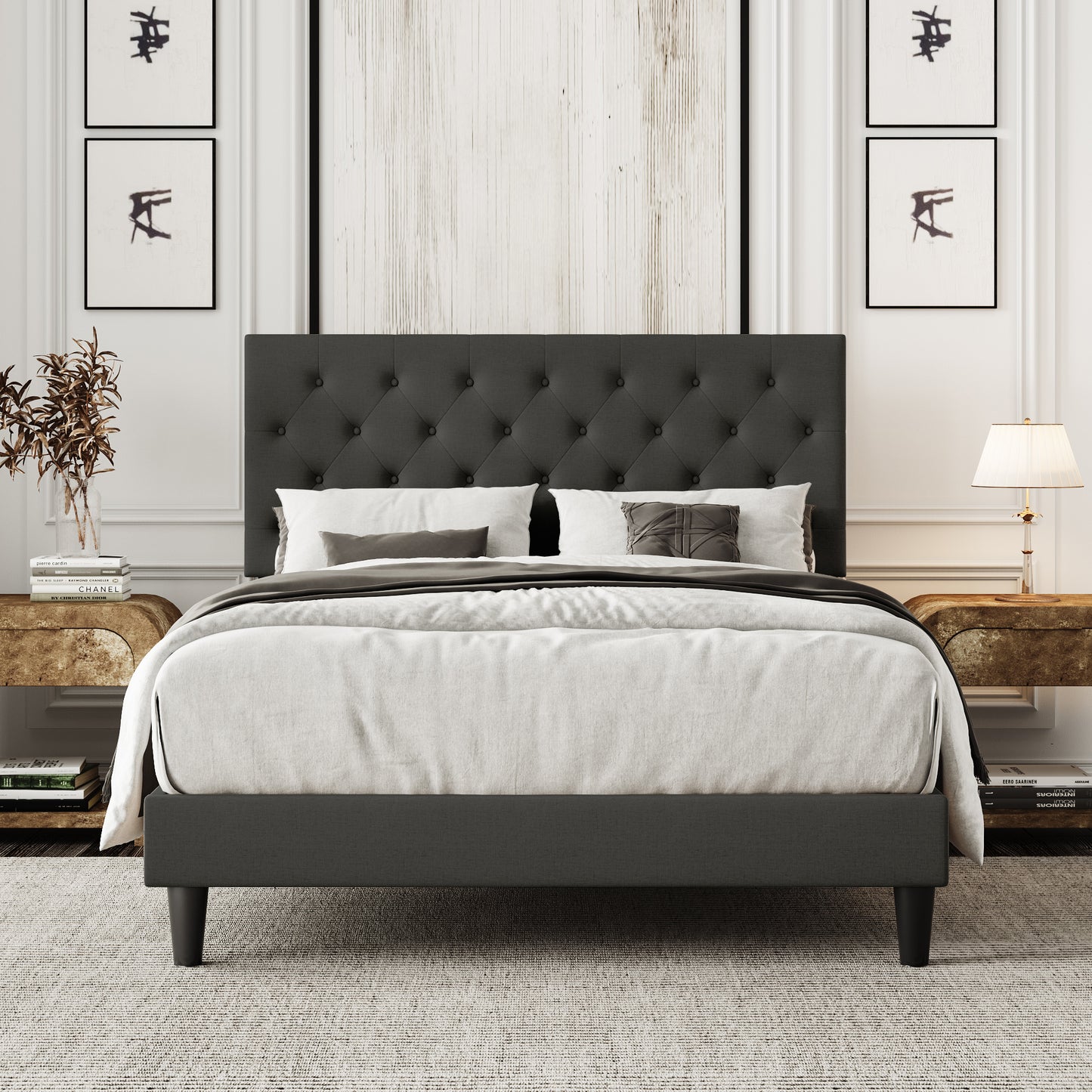 Faux Leather Upholstered Bed Frame with Adjustable Diamond Stitched Button Tufted Headboard